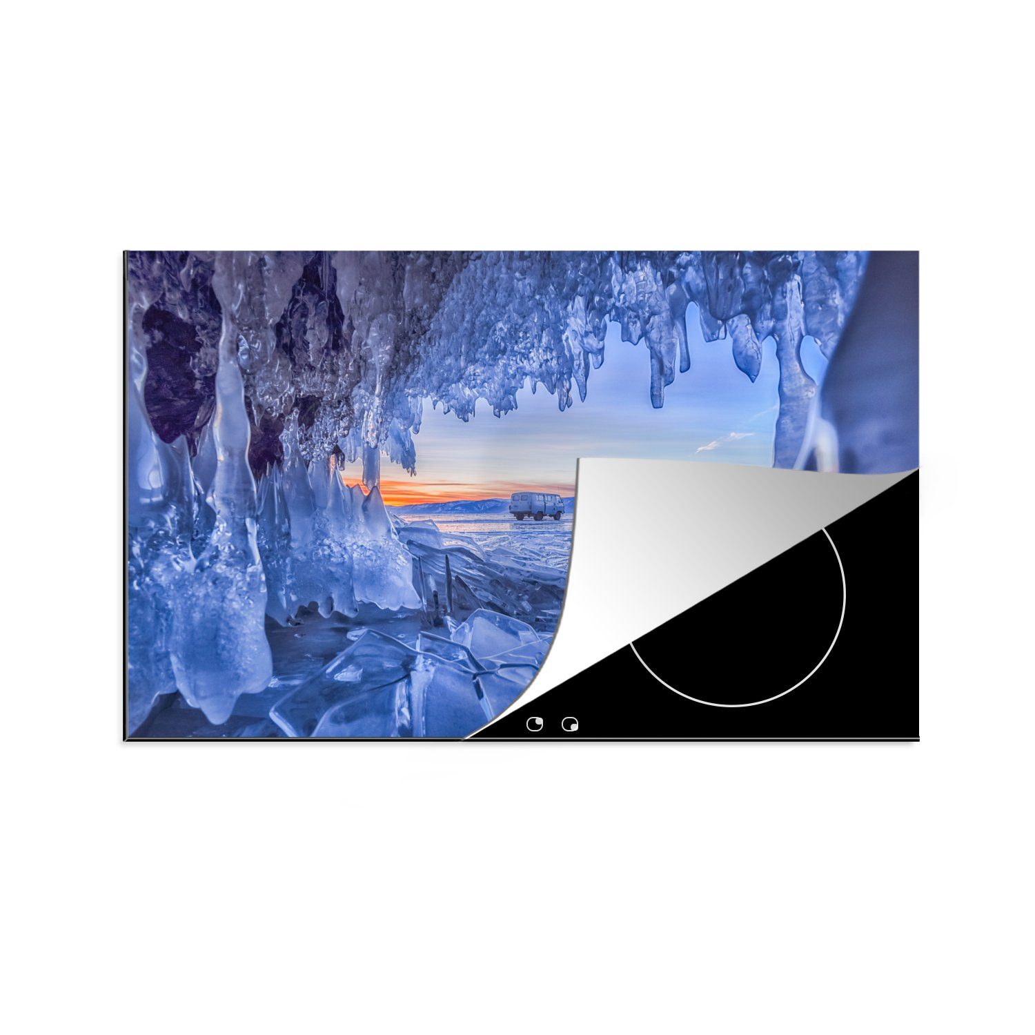 MuchoWow Herdblende-/Abdeckplatte Sonnenuntergang in einer Eishöhle, Vinyl, (1 tlg), 81x52 cm, Induktionskochfeld Schutz für die küche, Ceranfeldabdeckung