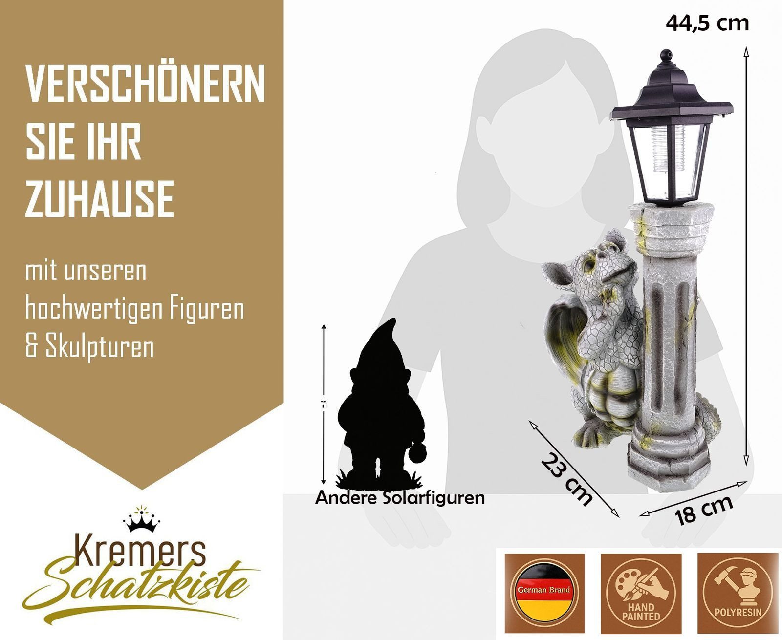 Kremers Schatzkiste Gartenfigur Drache mit LED Solarlaterne für Garten und Terrasse 45cm Figur
