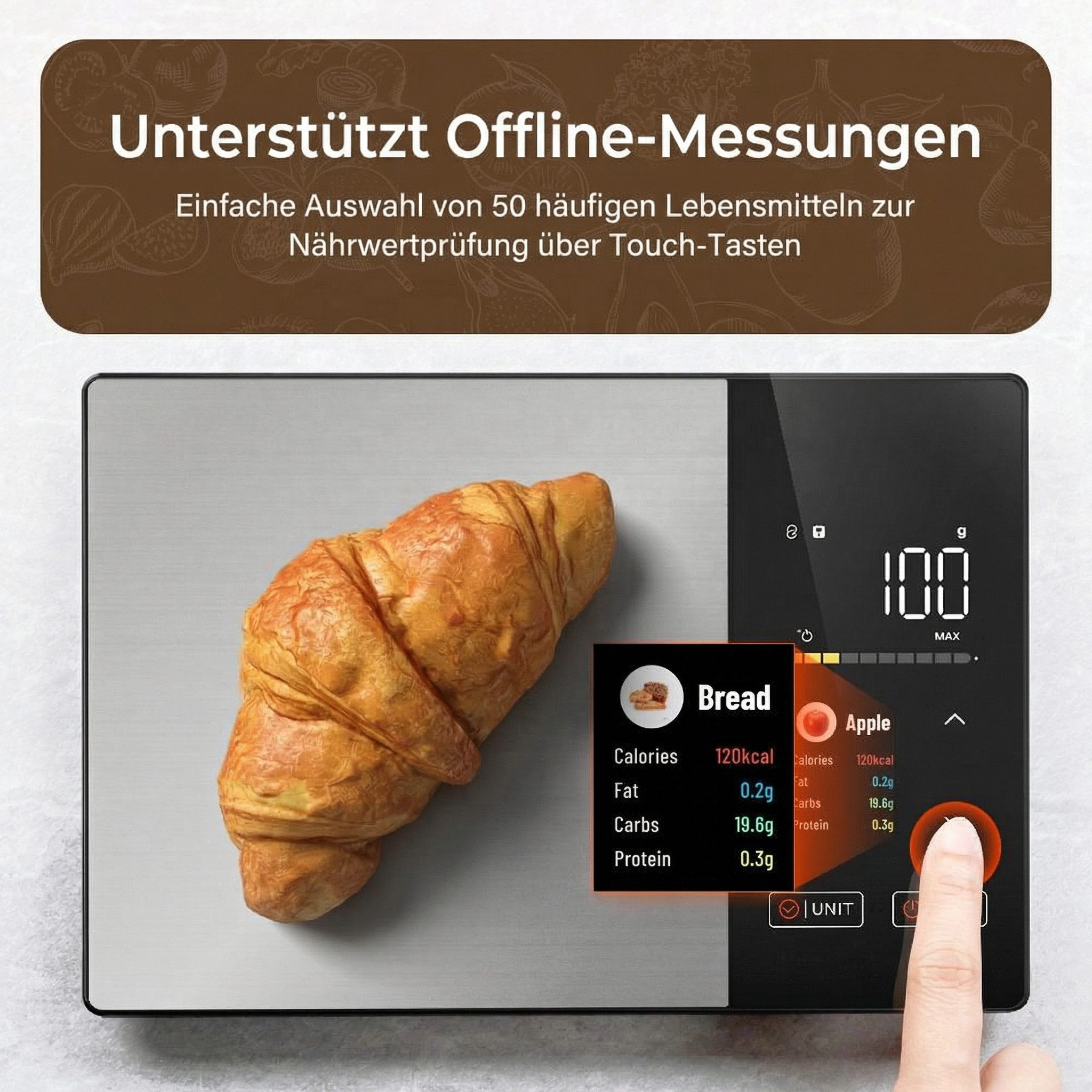 JASMART Küchenwaage Digitale Küchenwaage mit TFT-Farbdisplay & Bluetooth App, Präzisionswaage bis 5 kg (1 g) mit Tara & optionaler Nährwertanalyse