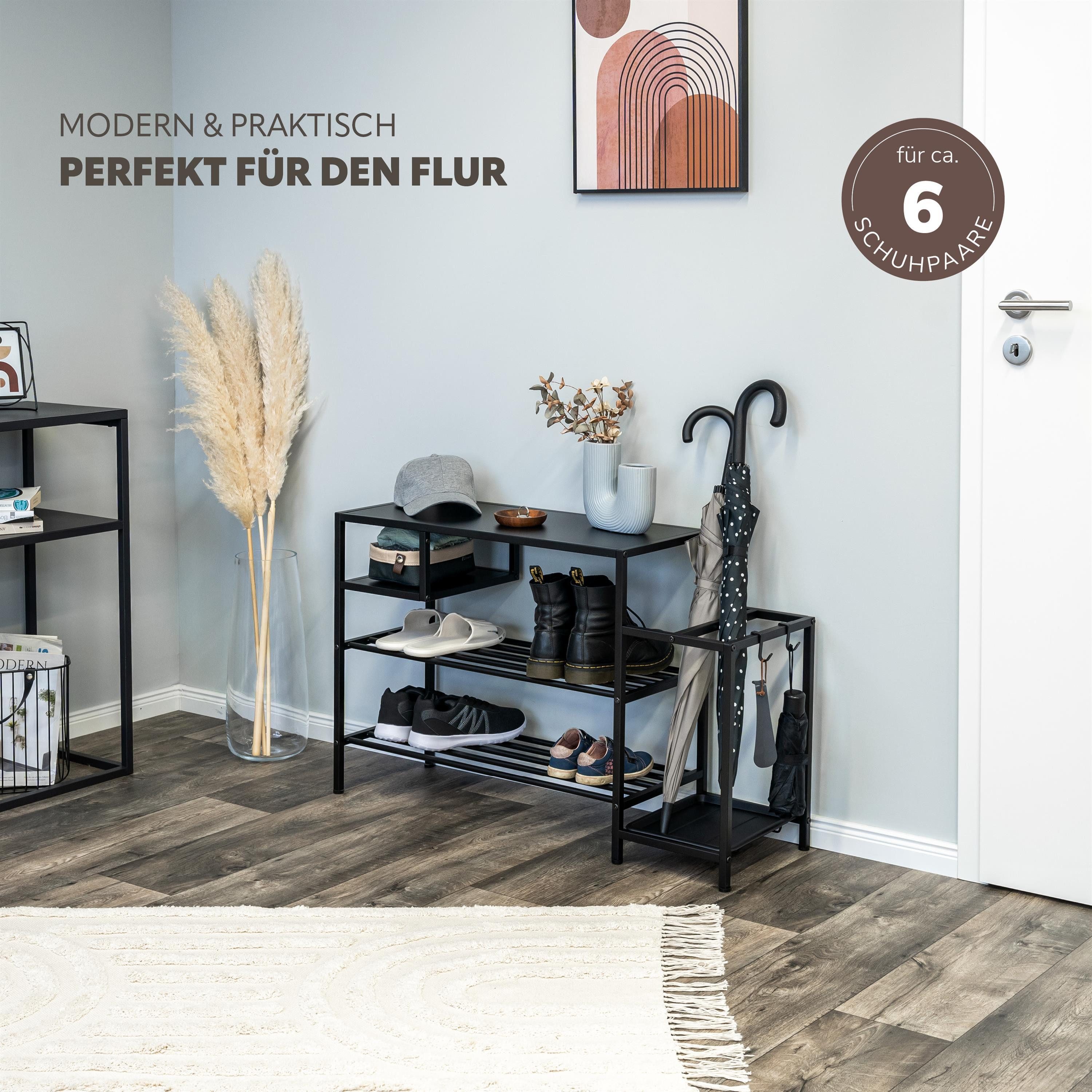 eluno Schuhregal für ca. 6 Paar Schuhe, 4 Ablagen und Schirmständer