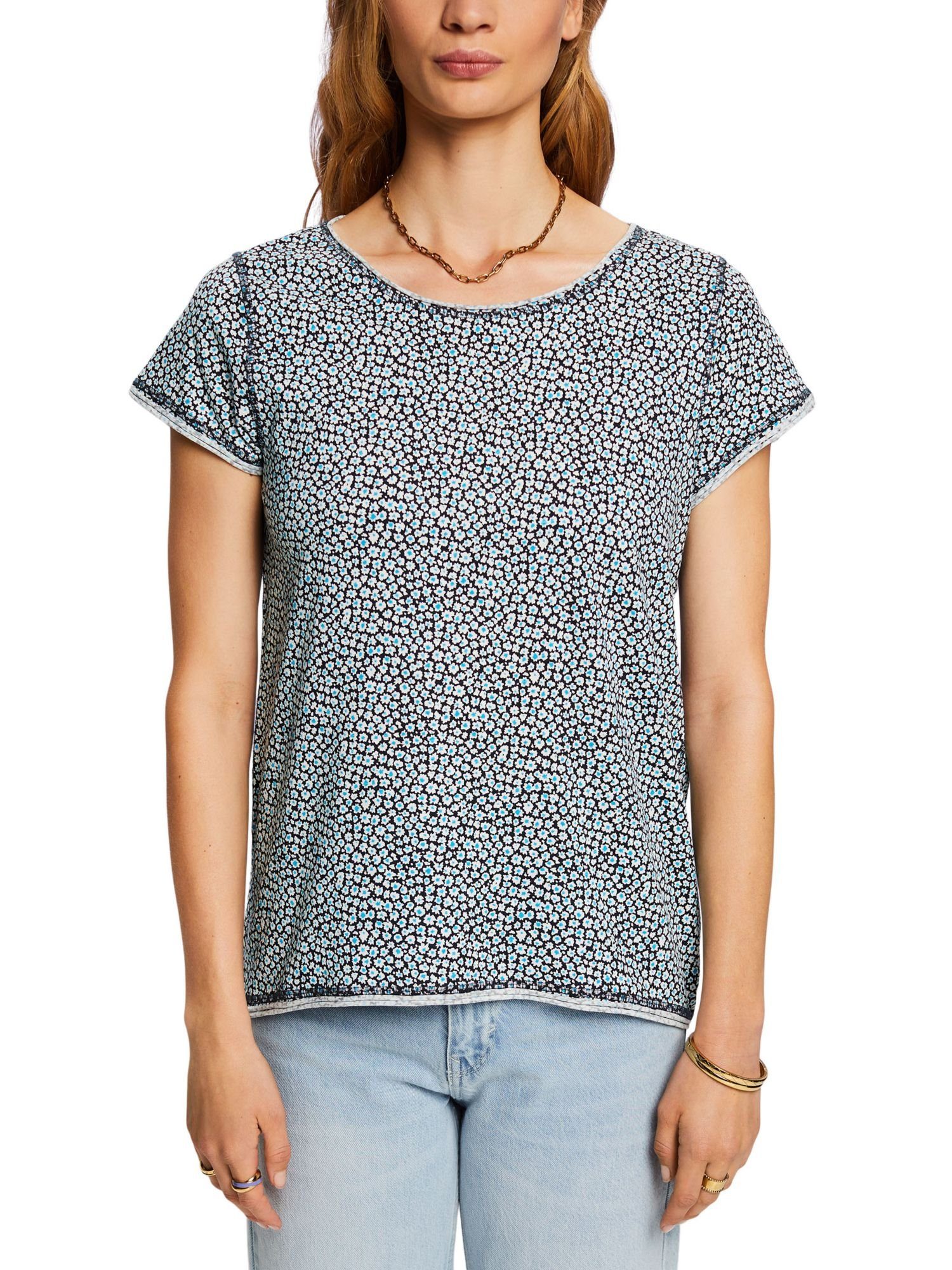 Esprit T-Shirt Print BLUE T-Shirt und NAVY Rollkante (1-tlg) mit
