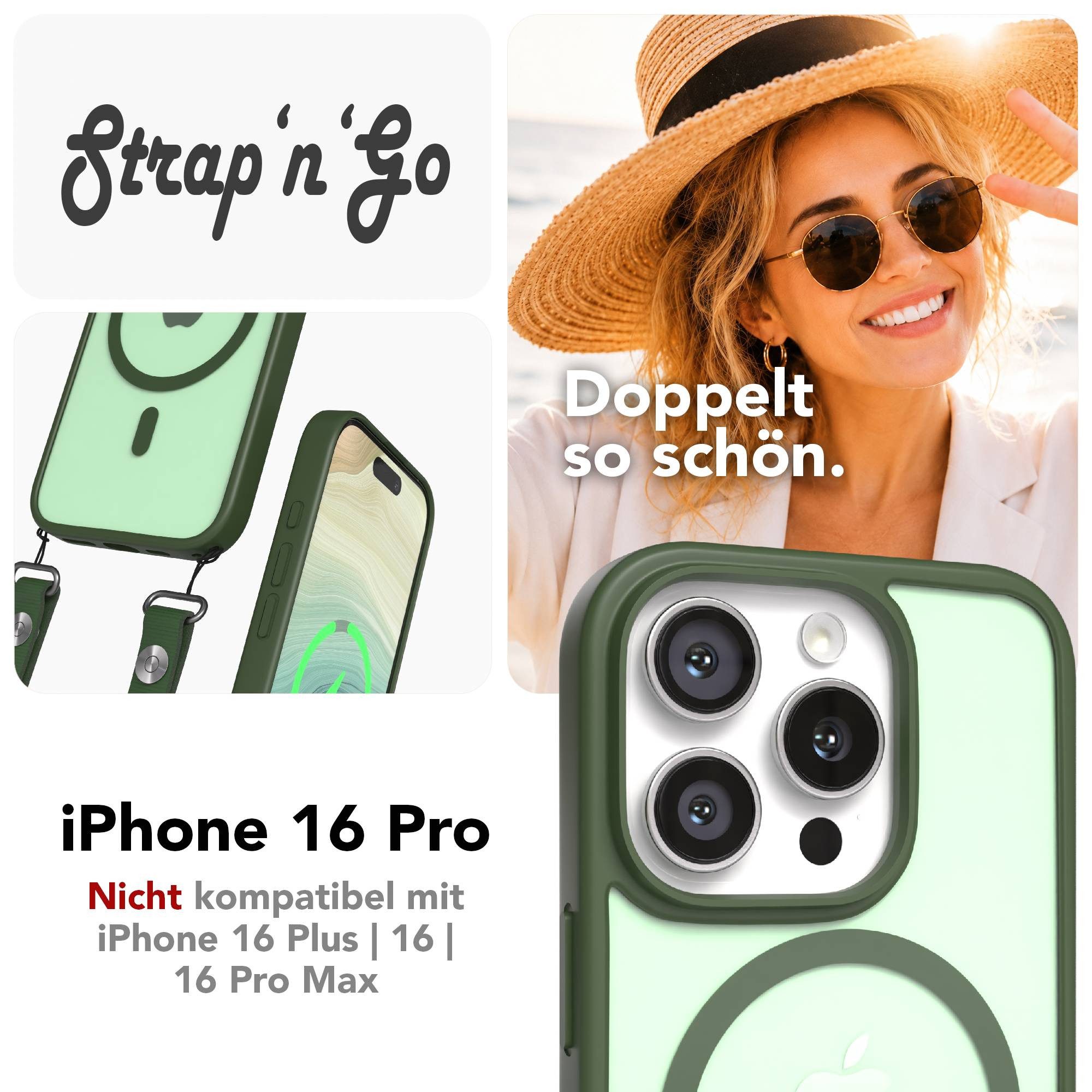 EAZY CASE Handykette Outdoor Case MagSafe Handyband für Apple iPhone 16 Pro 6,3 Zoll, Verstellbare Handykette mit MagSafe Outdoor Case in Dunkelgrün