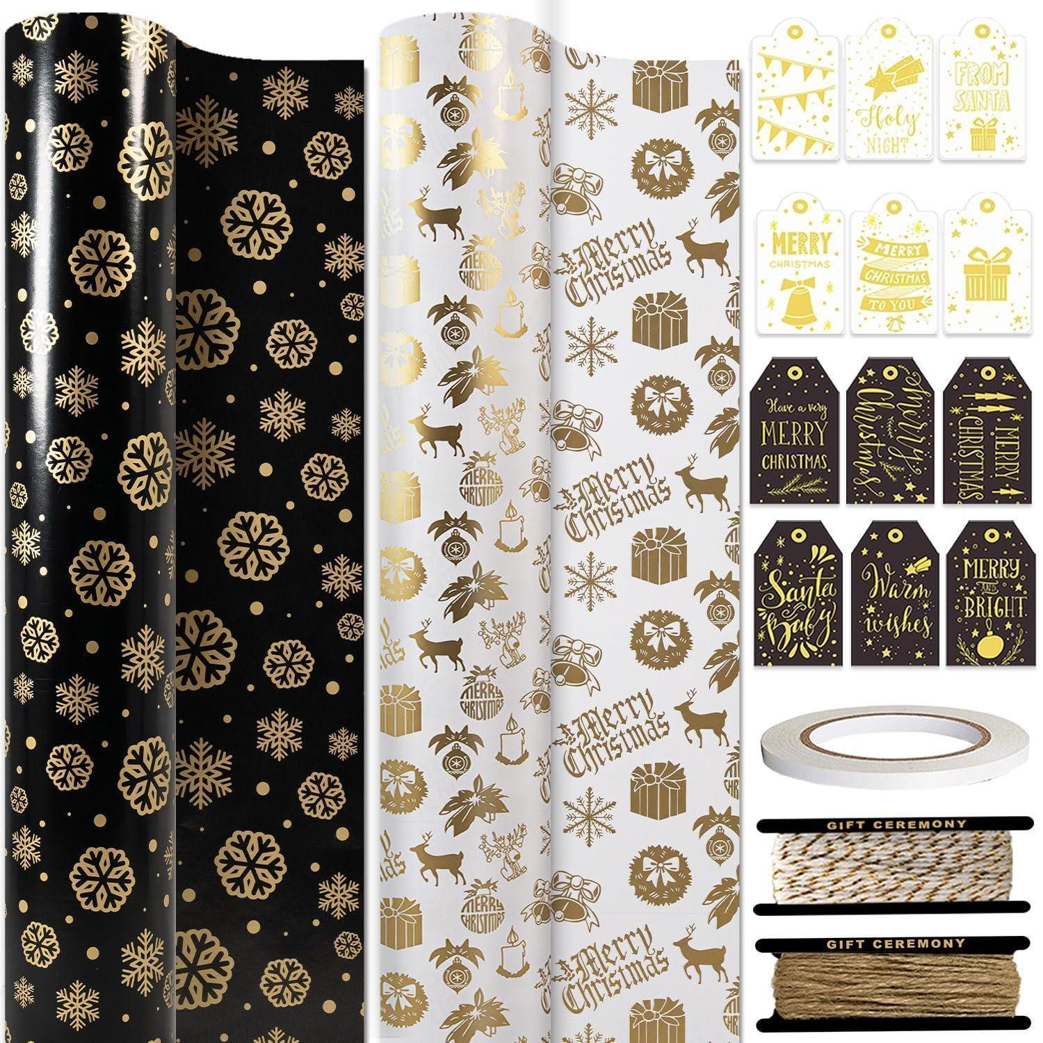 LuxusKollektion Geschenkpapier Geschenkpapier Set Weihnachten Metallic 2 Rollen Schwarzgold, (1St)