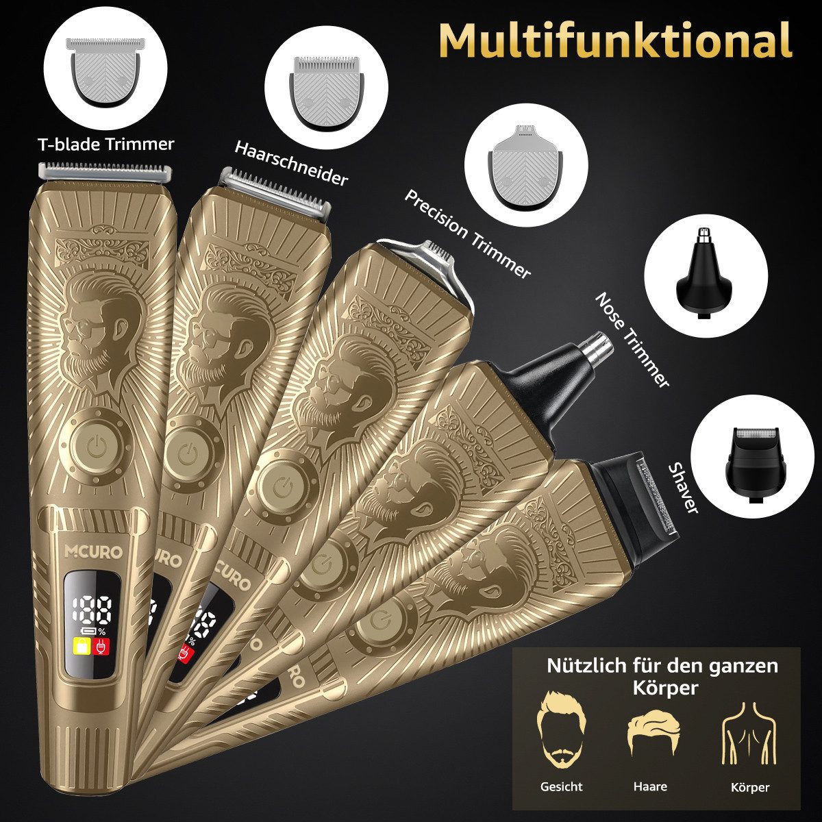MCURO Haarschneider Haarschneidemaschine Profi Set 5-in-1 Barttrimmer Herren, Haar- und Bartschneider,Nasenhaartrimmer Präzisionstrimmer, Haarschneider mit 6 Be – Bild 5 von 5