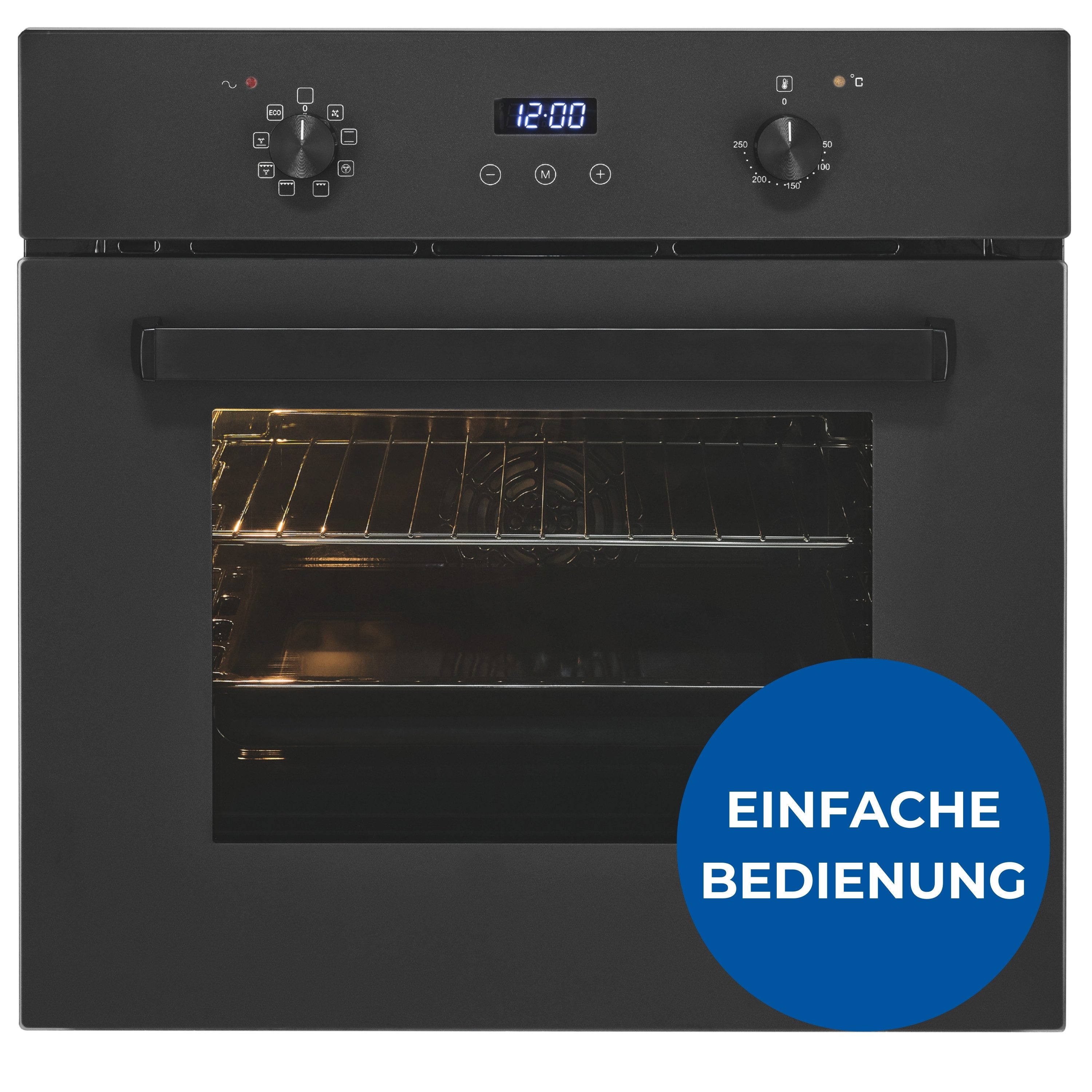 exquisit Einbaubackofen EBE367-H-120 mattschwarz, Heißluft & dreifach verglaste Tür – Wärme bleibt sicher im Ofen!