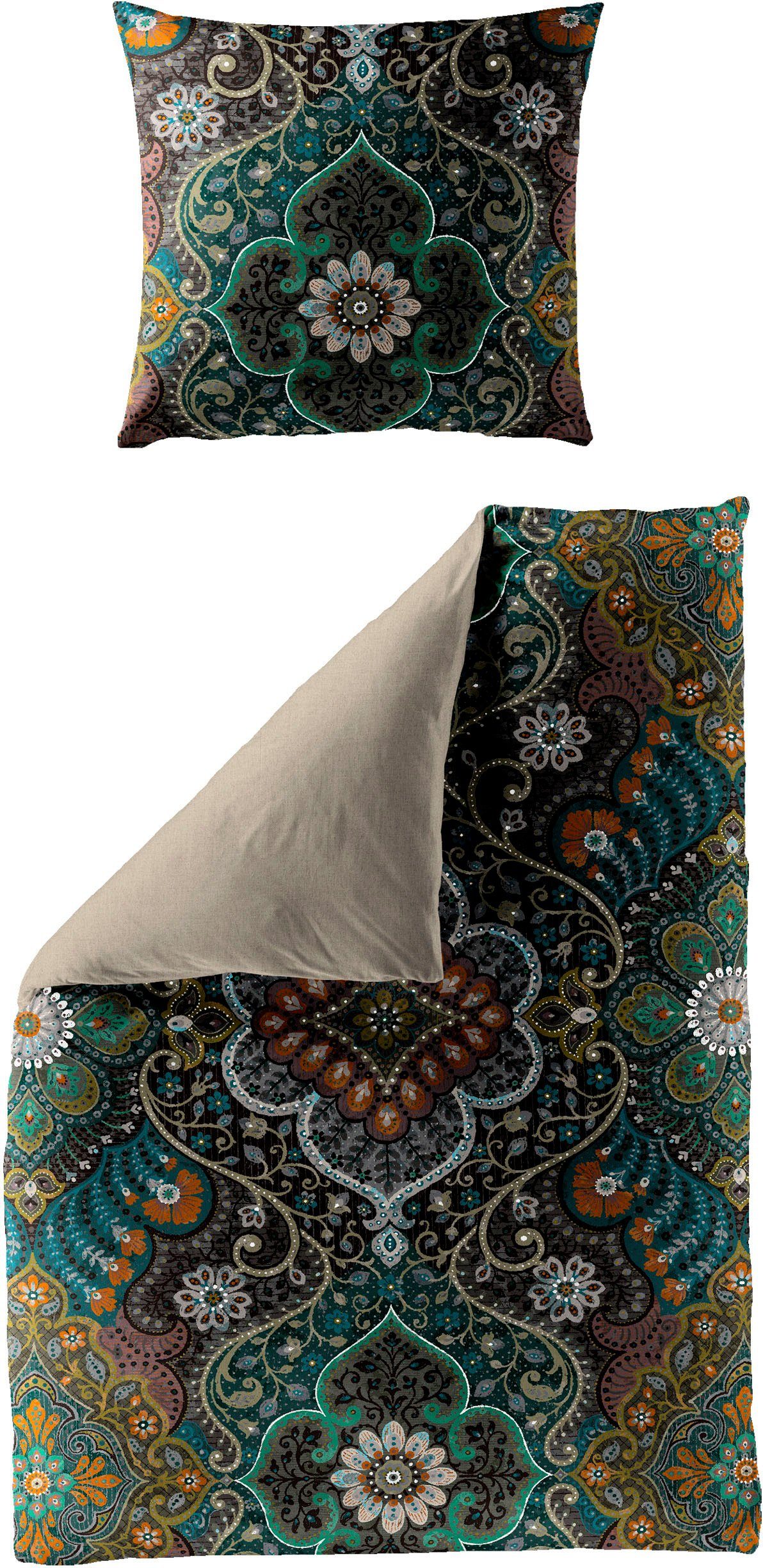 BIERBAUM Bettwäsche Dark green ornament, Mako-Satin, 2 teilig, Mako-Satin, 100 % Baumwolle, mit Ornamenten, pflegeleicht