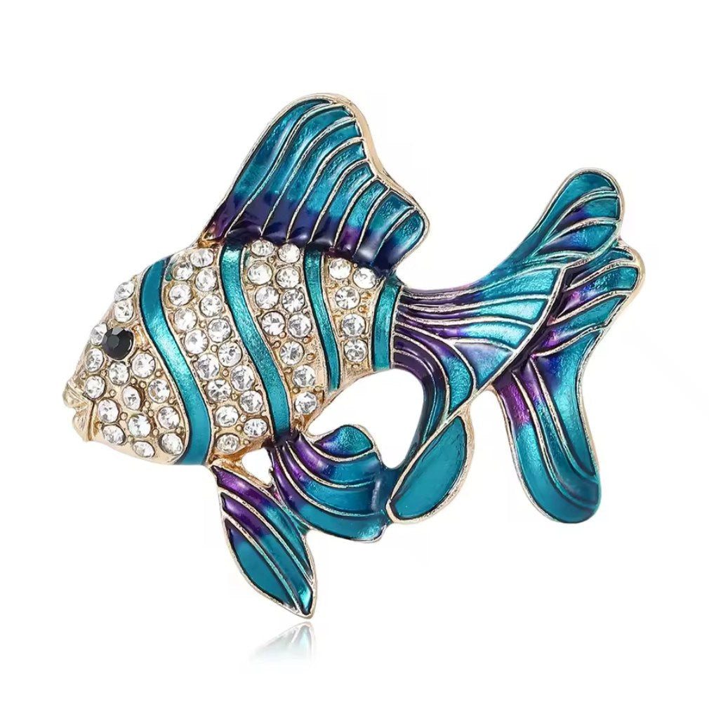 Dark-Desires Brosche Retro Brosche kleiner Fisch in blau-gold mit Strass emailliert, Damen Brosche vintage Accesssoire retro Anstecknadel