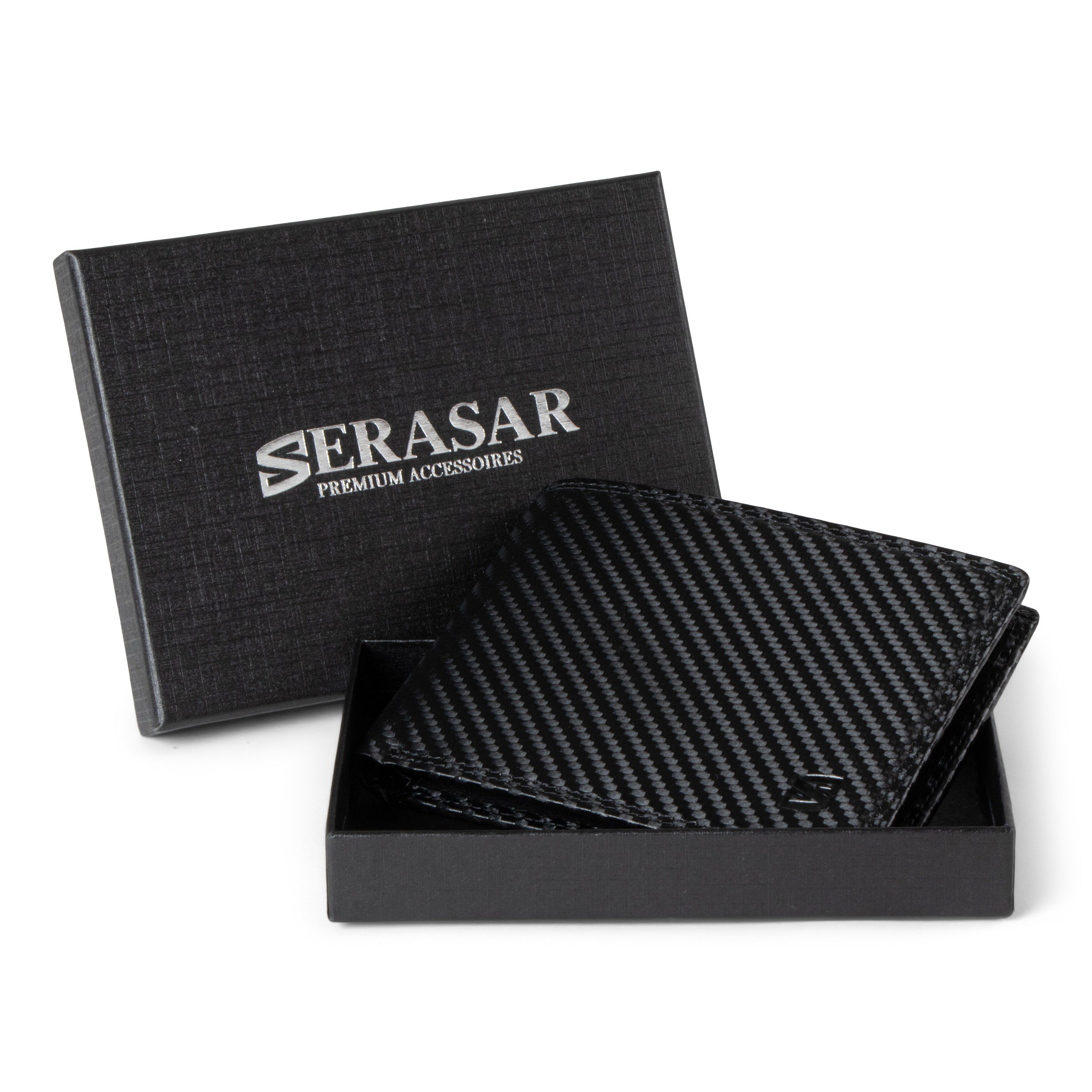 gegen inkl. Optik Datenklau echtem aus mit Carbon Leder SERASAR "Carbon" Geldbörse Geldbörse Schwarz in RFID-Schutz Geschenkbox (1-tlg),
