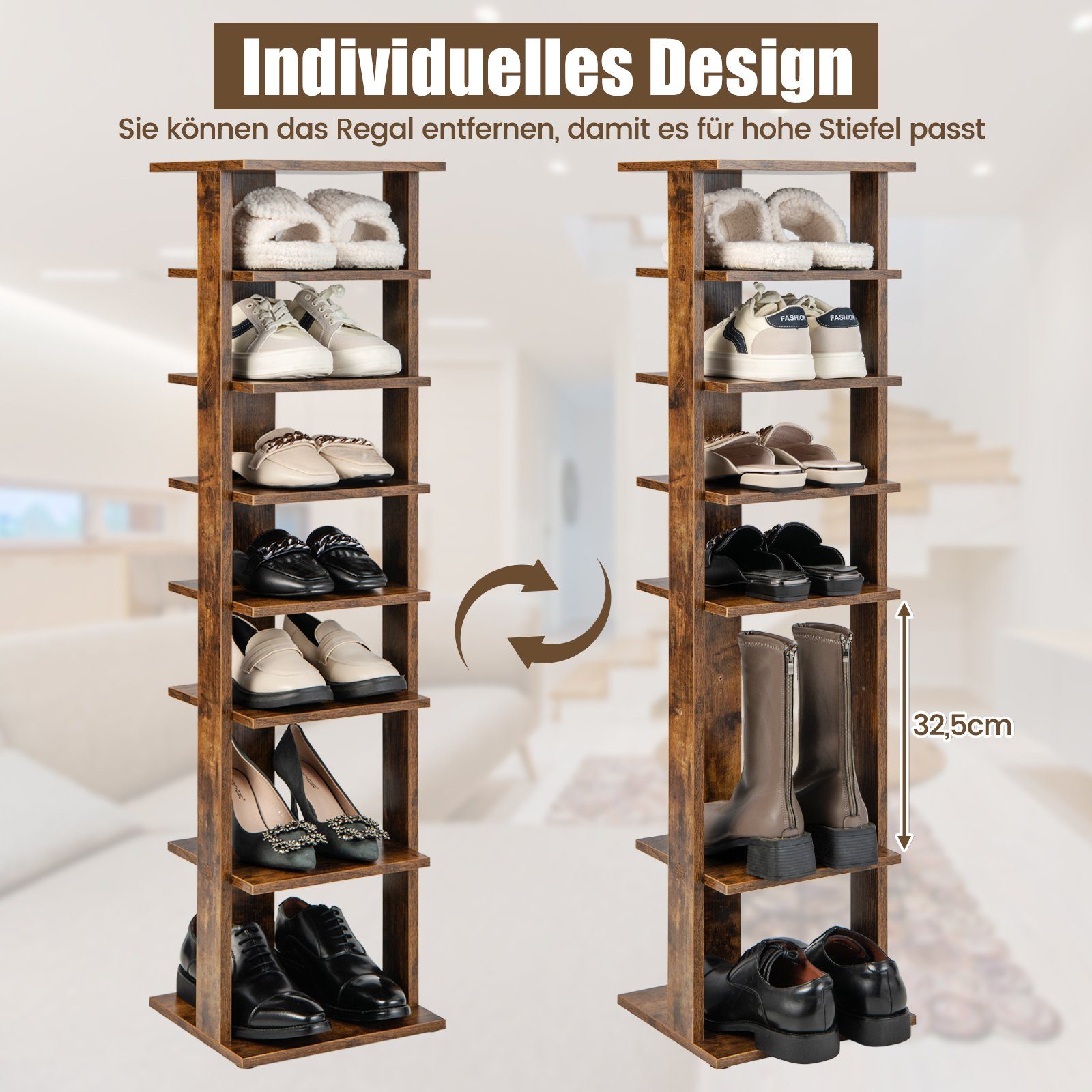 COSTWAY Schuhregal, schmal, höhenverstellbar, 8-stöckig, Holz, 110cm