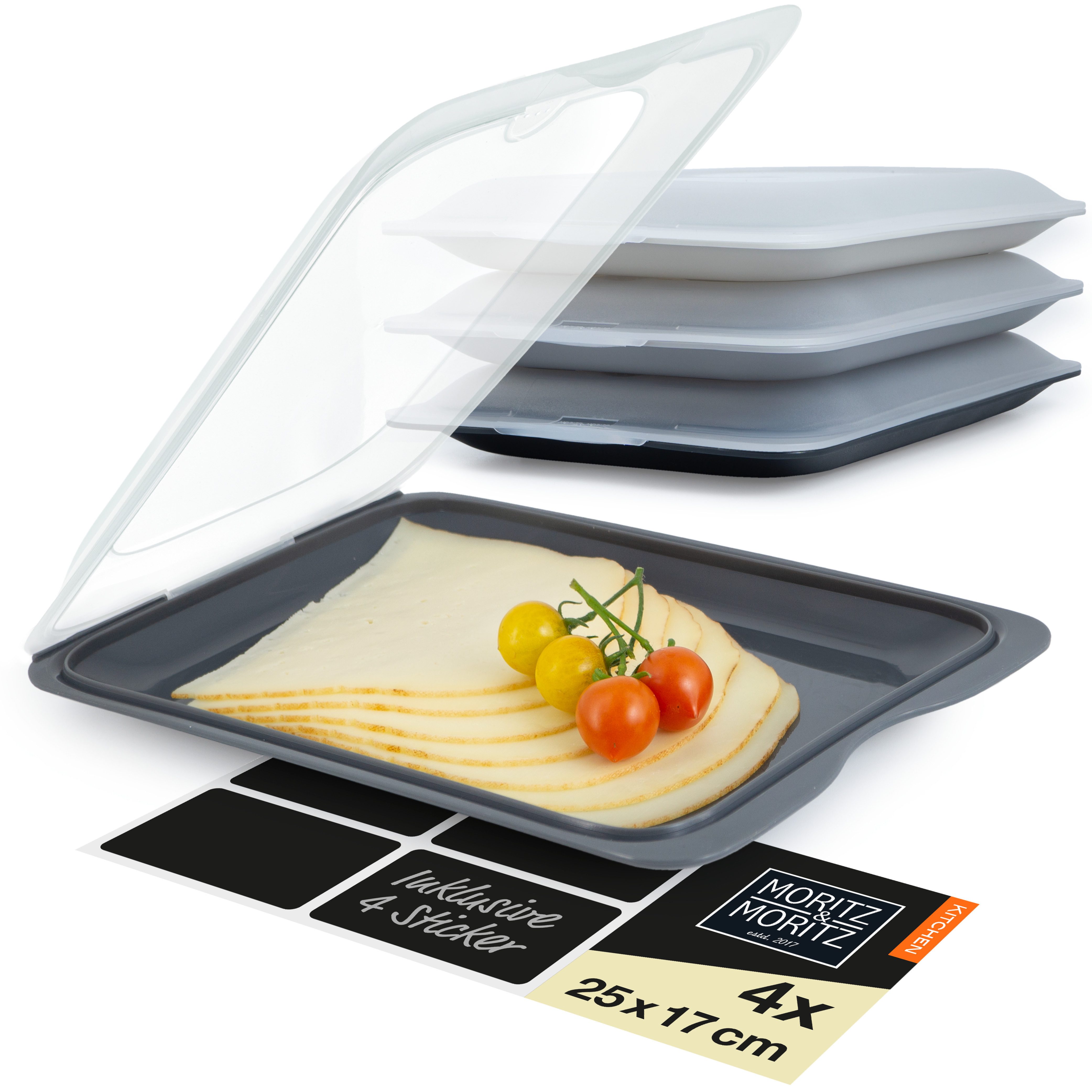 Moritz & Moritz Frischhaltedose Frischhaltedose 4er Set Aufschnittdosen stapelbar - dunkel, Kunststoff, (Set, 4-tlg., Set), Inkl. 4 Sticker, mit Deckel für Optimales Frischhalten
