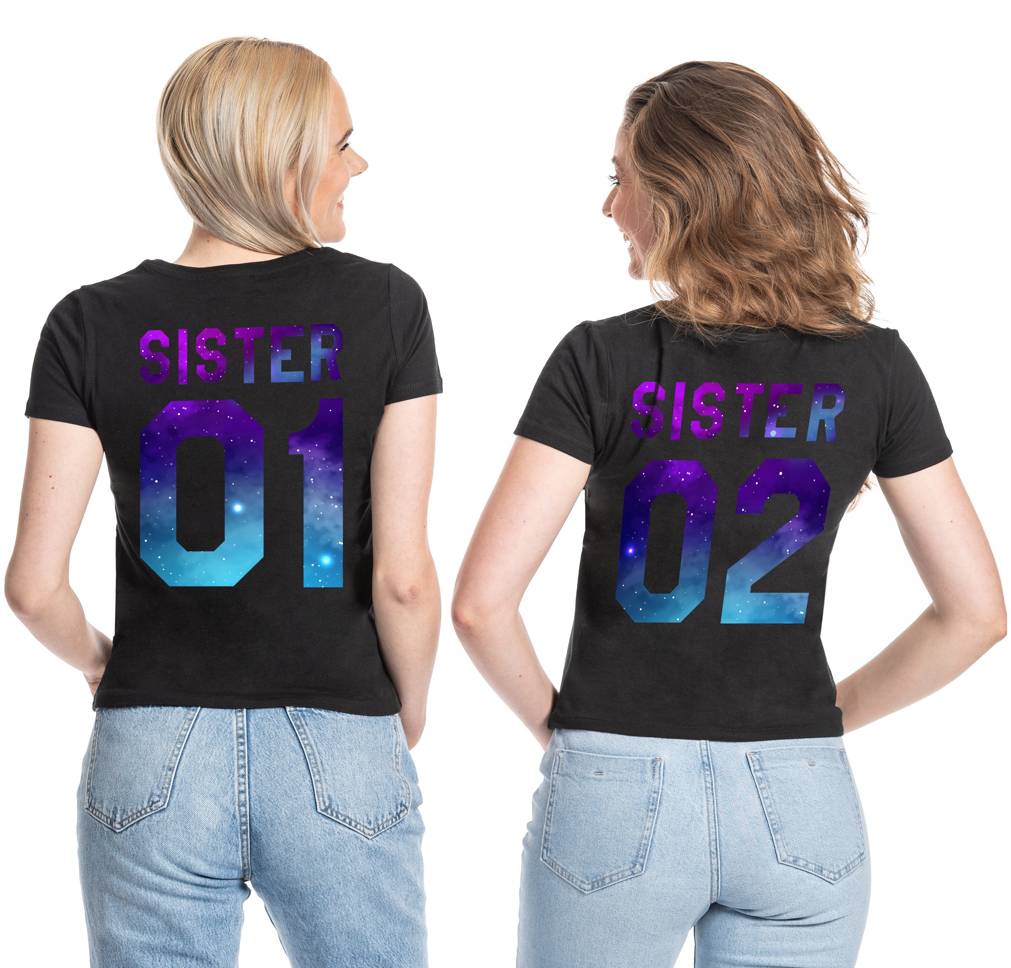 T-Shirt Sister 01 & Sister 02 Night Beste Freunde Damen Shirt