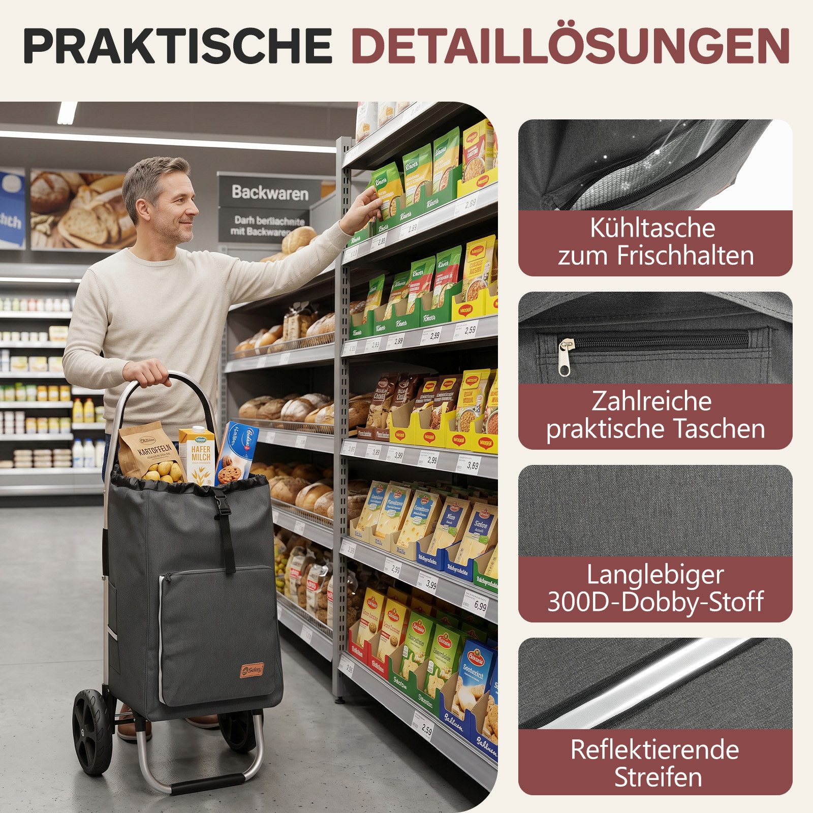 Sekey Einkaufstrolley Aluminium 2-in-1 Faltbar Einkaufstrolley Treppensteiger mit Kühltasche, 50 l Faltbar Einkaufsroller mit großen Rädern und Sackkarren-Funkt – Bild 5 von 5
