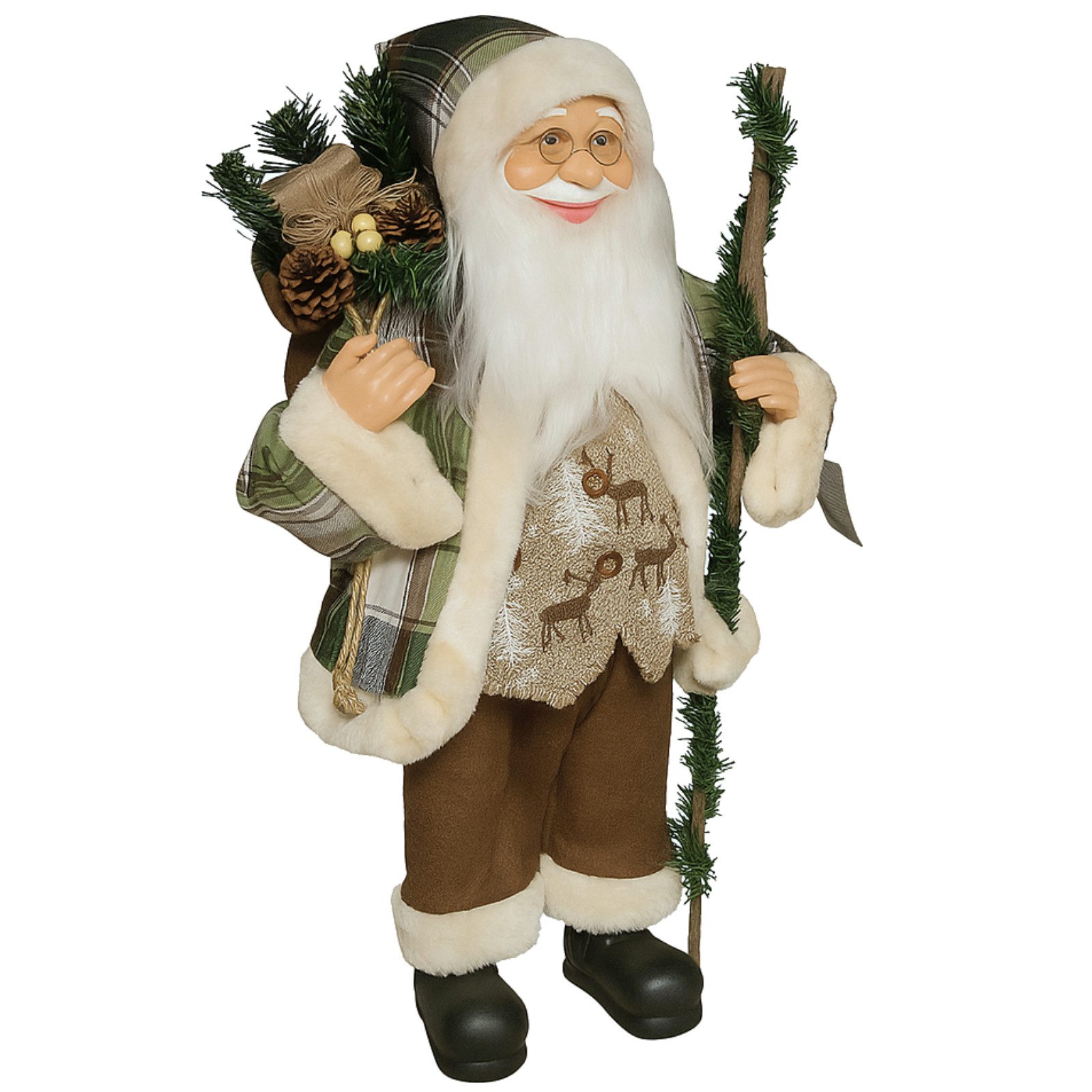 Koopman Weihnachtsmann Weihnachtsfigur Weihnachten XL 60cm Grün Polyester (1 St), 60x34x12cm, Geschenkebeutel, Kariertes Outfit, Gehstock, Kunststoff