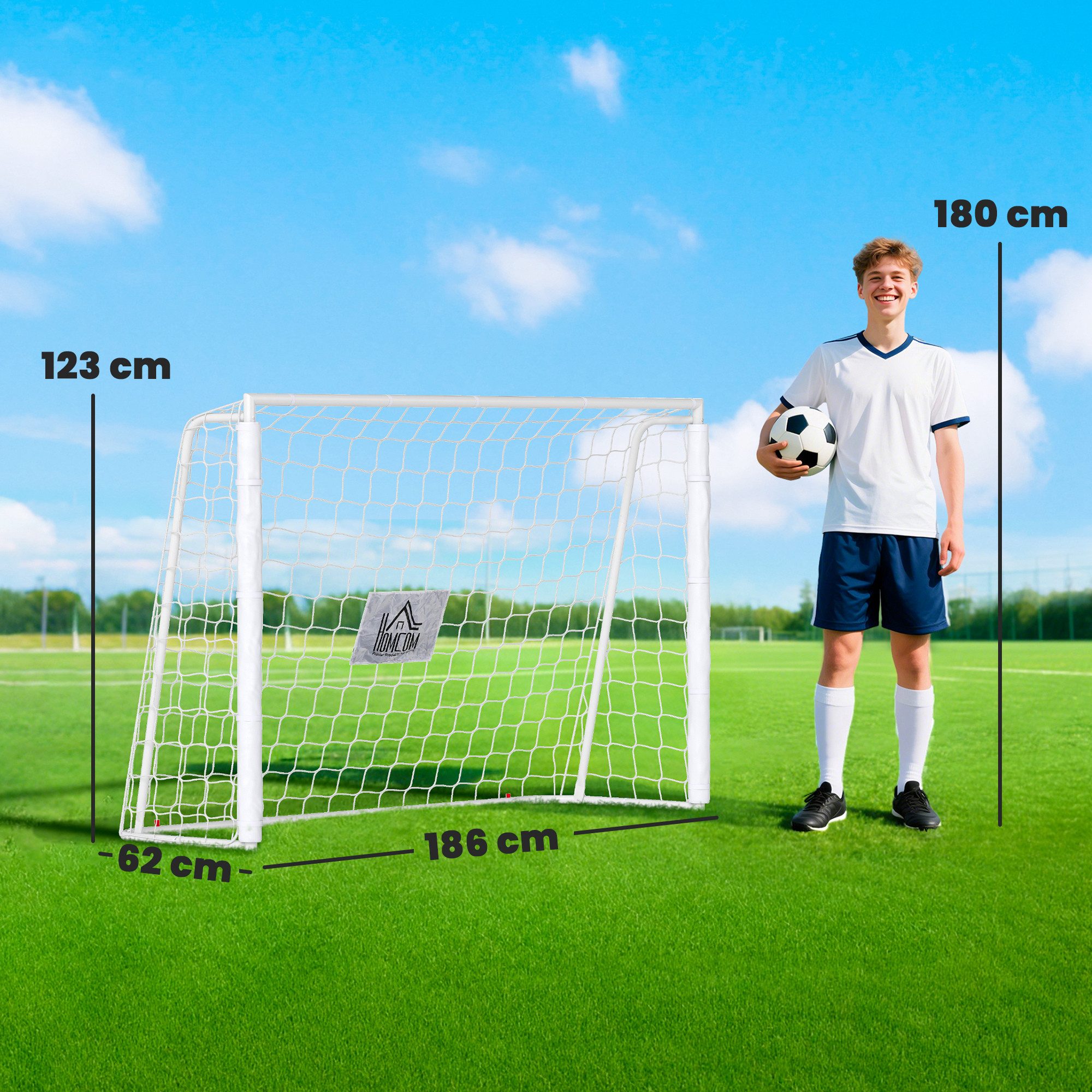 HOMCOM Fußballtor mit Netz, Erdhaken (Outdoor Torwand, 1 St., Fußball Tor für Garten), 186L x 62B x 123H cm, Weiß