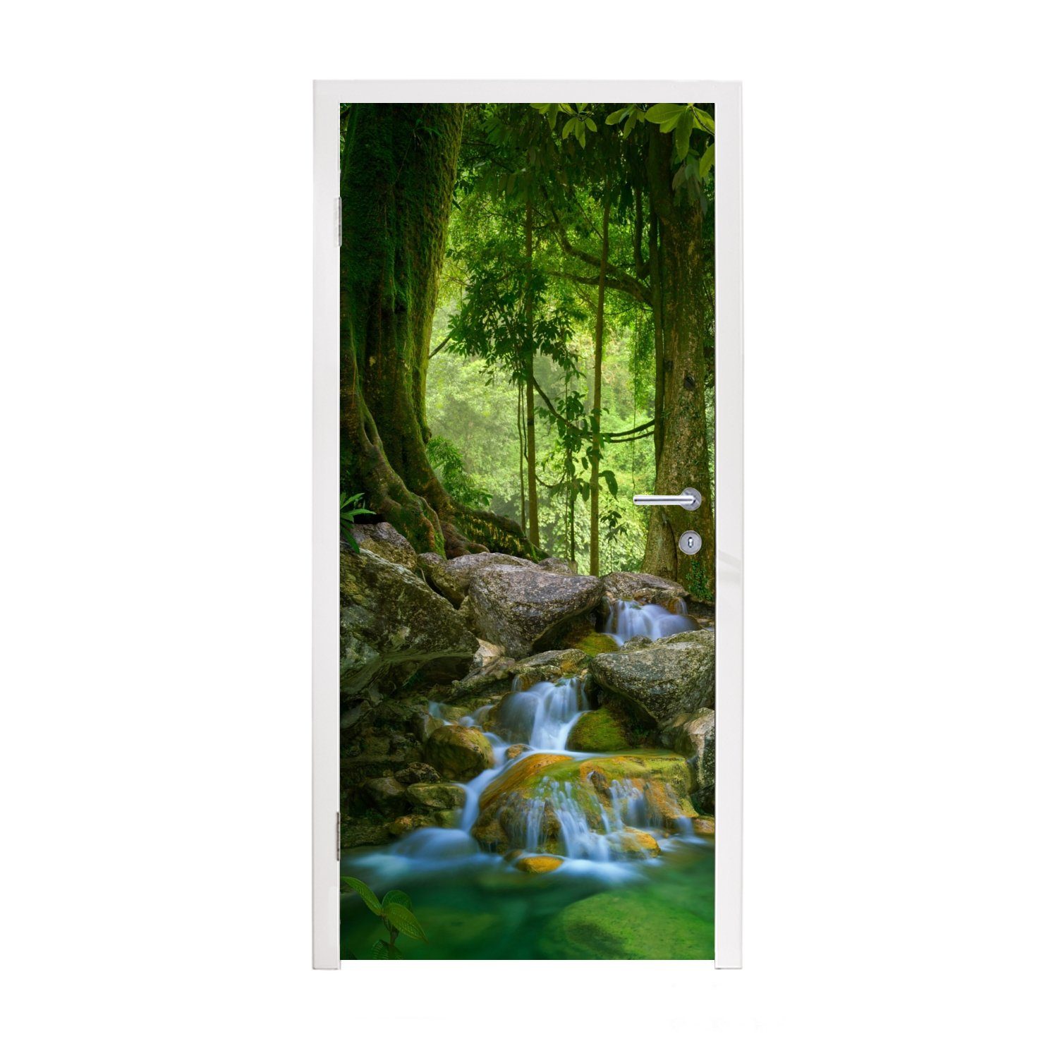 (1 Tür, Türaufkleber, Wasser MuchoWow - Dschungel 75x205 Matt, - bedruckt, Pflanzen, St), Fototapete Türtapete Natur Steine - - für cm