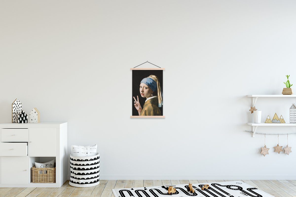 MuchoWow Poster Das Johannes (1 - mit Perlenohrring für Magnetisch - dem Vermeer St), Wohnzimmer, Mädchen Frieden, Bilderleiste, Textilposter Posterleiste