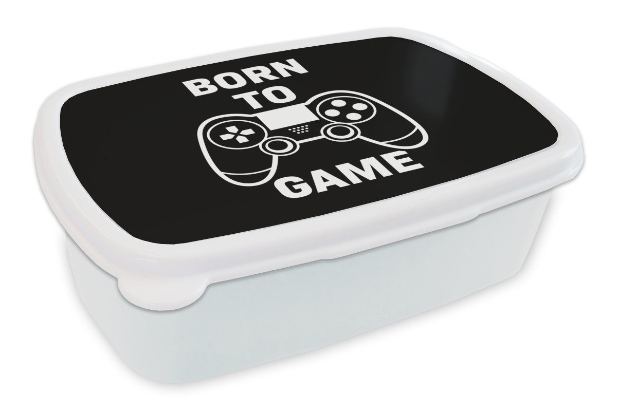 MuchoWow Lunchbox Gaming - Zitate - Controller - Zum Spielen geboren - Schwarz - Weiß, Kunststoff, (2-tlg), Brotbox für Kinder und Erwachsene, Brotdose, für Jungs und Mädchen