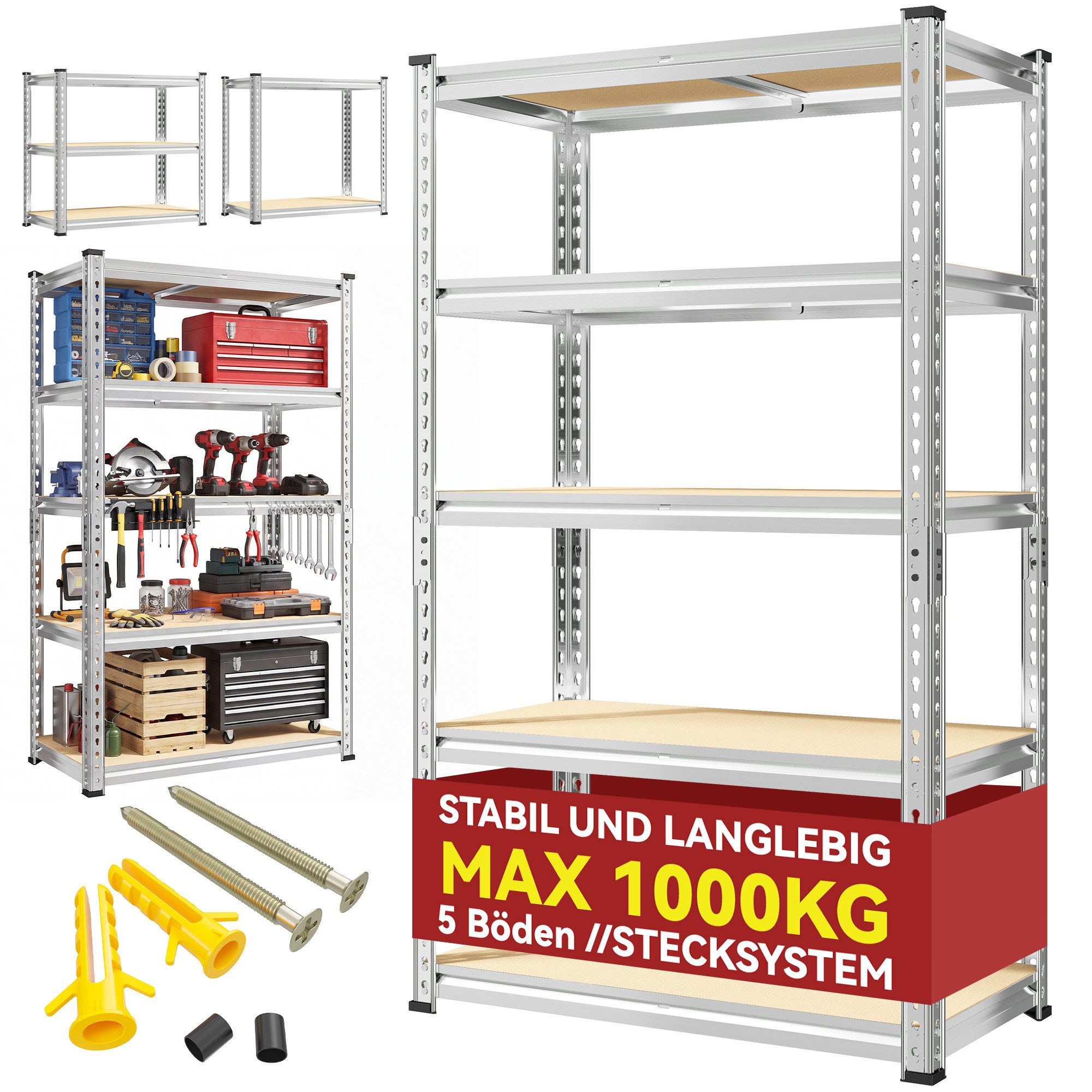 Klyvvo Schwerlastregal Regal, Metallregal, Lagerregal, Steckregal ohne Schrauben, 1-tlg., vielseitiges Kellerregal für Garage Werkstatt, 70x30x152cm