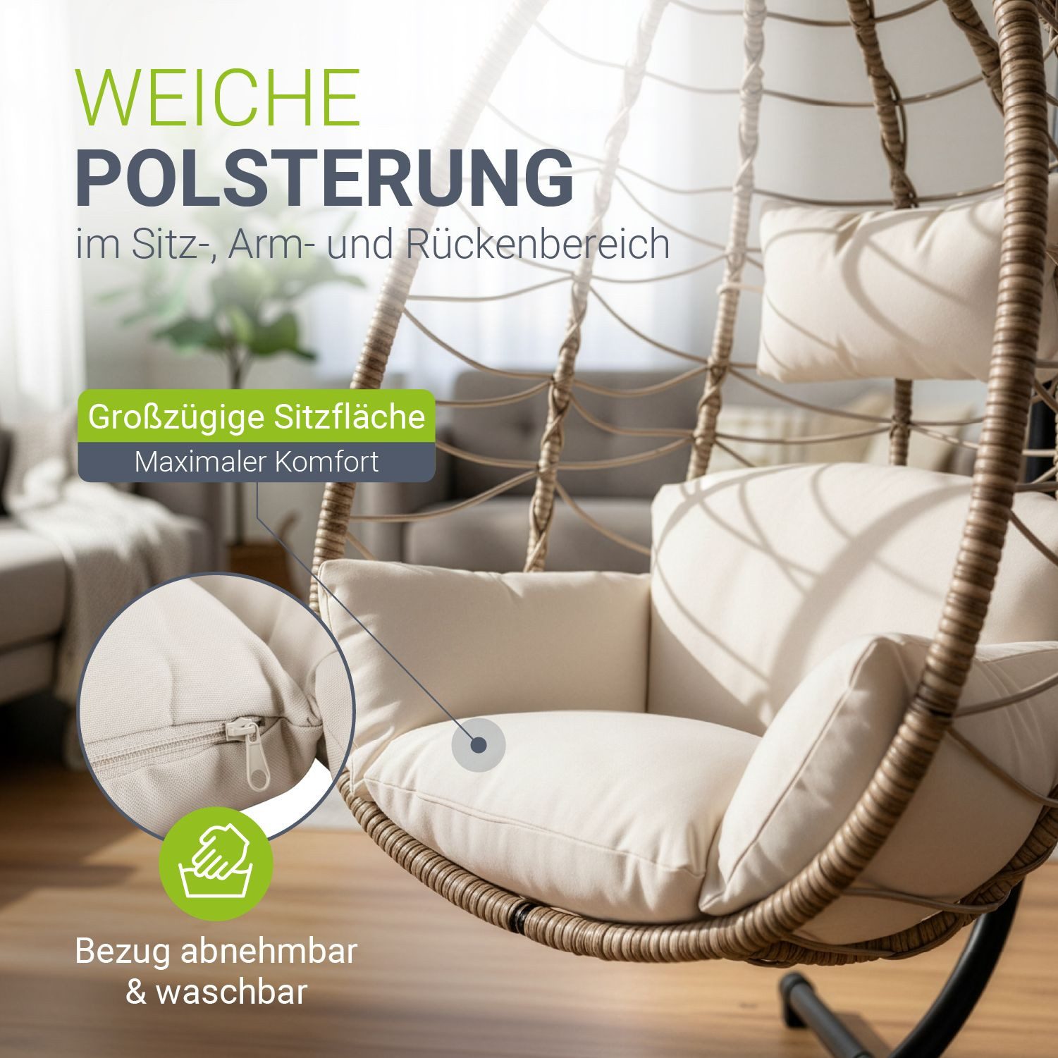 Juskys Hängesessel Aria, höhenverstellbar, weiche Sitzpolster, platzsparend, faltbar