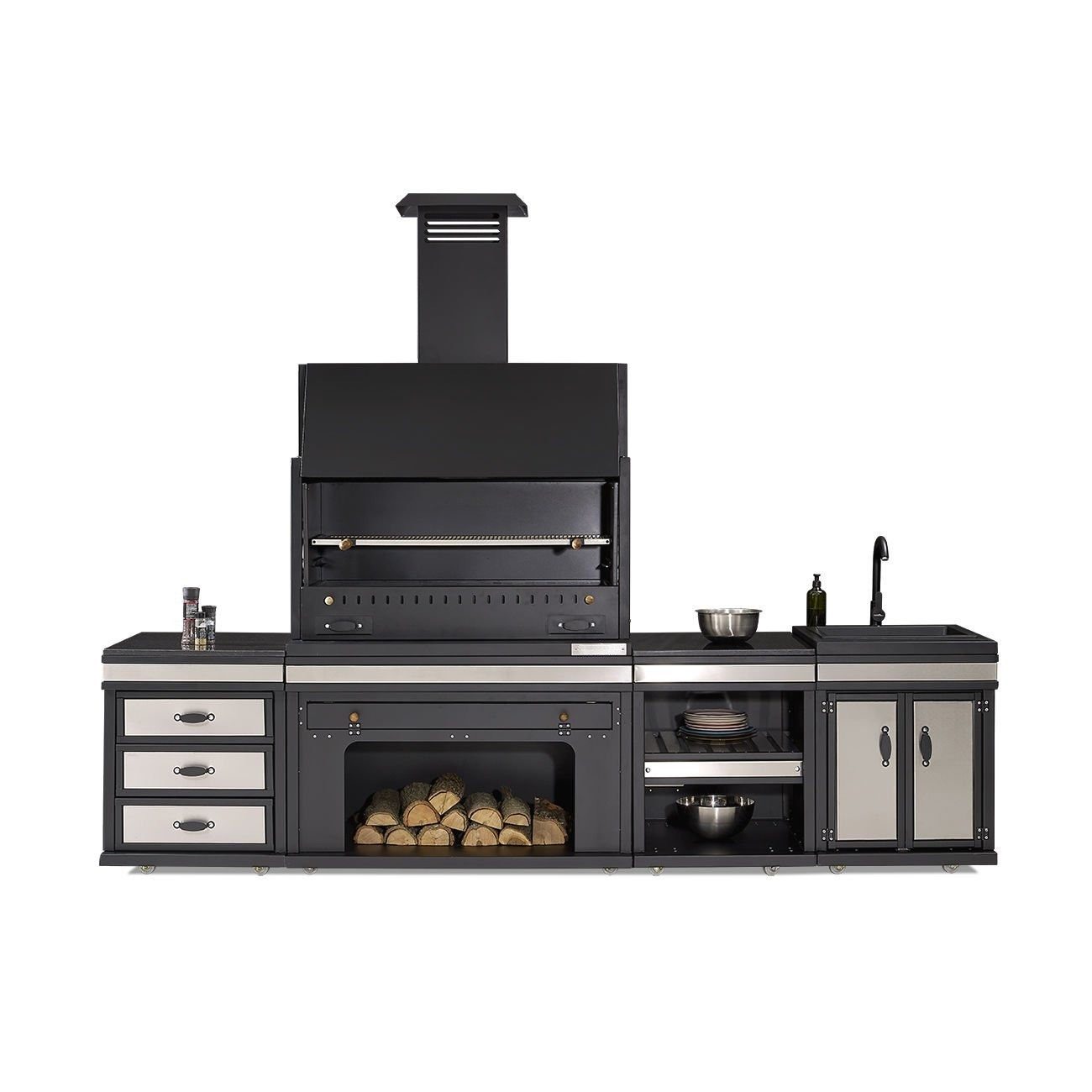 JVmoebel Outdoor-Küche Schwarze Edelstahl-Außenküche mit modernem Design und Funktionalität, Made in Europe