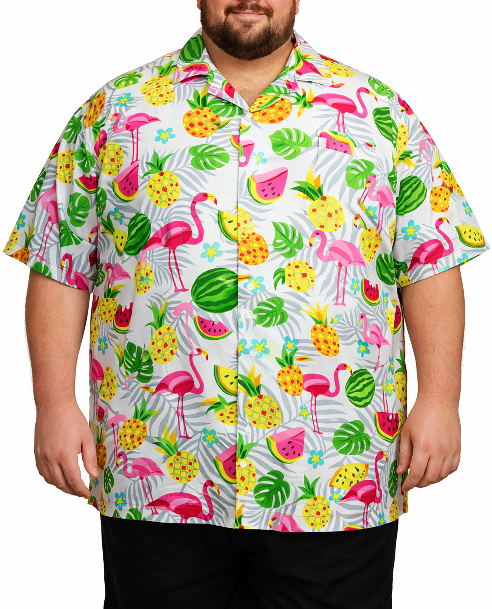 King Kameha Hawaiihemd Flamingo Melone Übergrößen 7XL-12XL Sommerhemd Kurzarm Front-Tasche