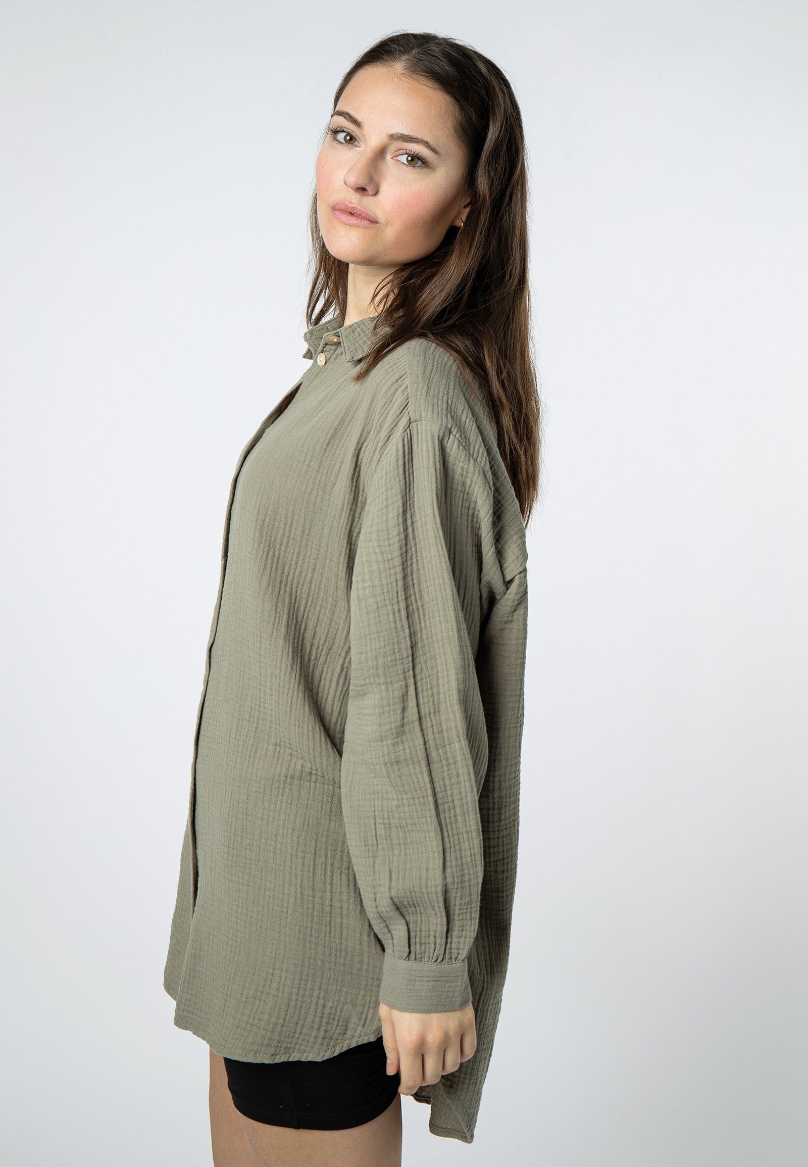 SUBLEVEL Langarmbluse Damen Musselinbluse langarm mit Kentkragen Oversizebluse aus Baumwolle