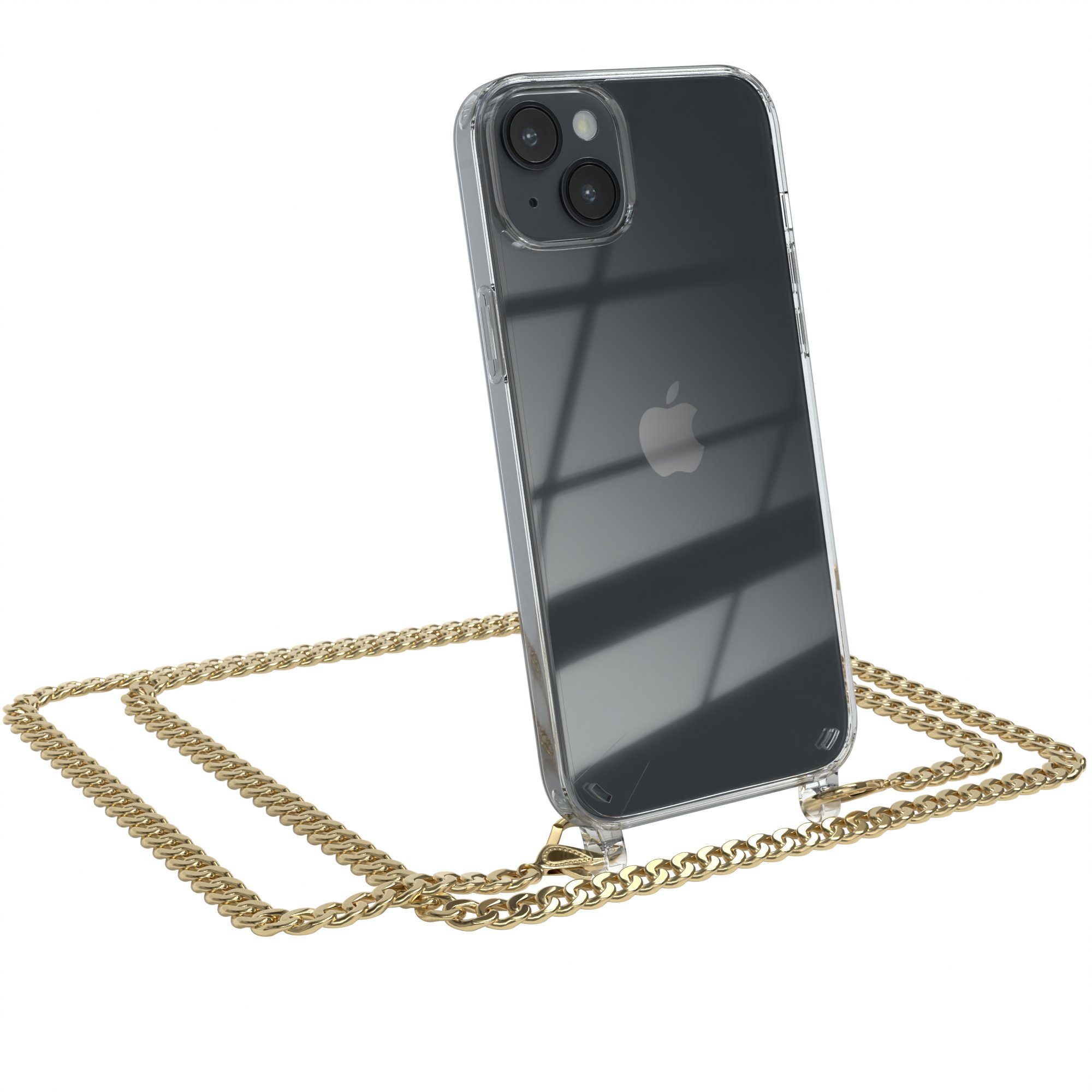 EAZY CASE Handykette 2in1 Metallkette für Apple iPhone 14 Plus 6,7 Zoll, Hülle mit Band Silikonhülle durchsichtig Necklace Cover Slimcover Gold