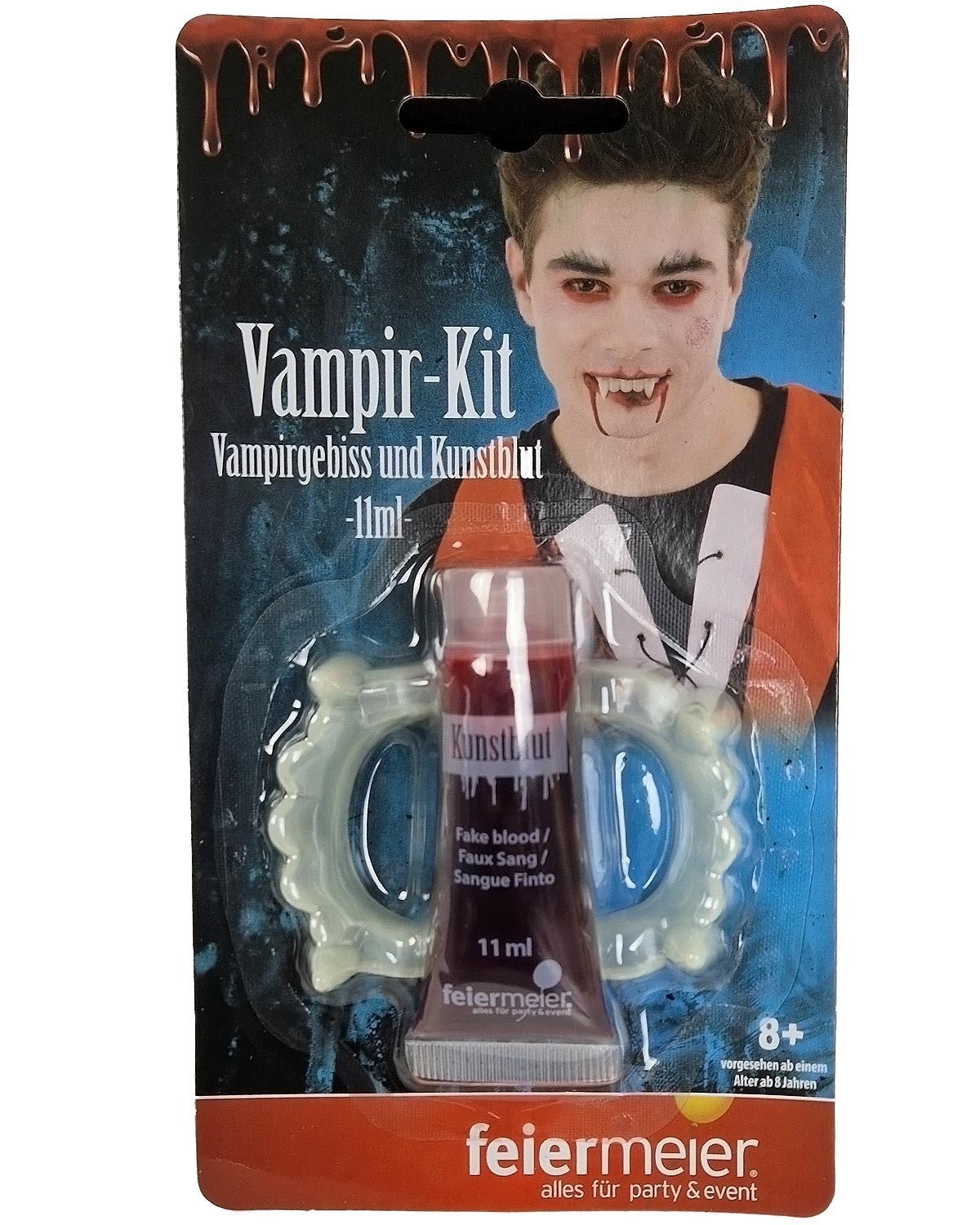 feiermeier Theaterschminke Vampir-Set 'Gebiss und Kunstblut' 11ml, Rot Weiß