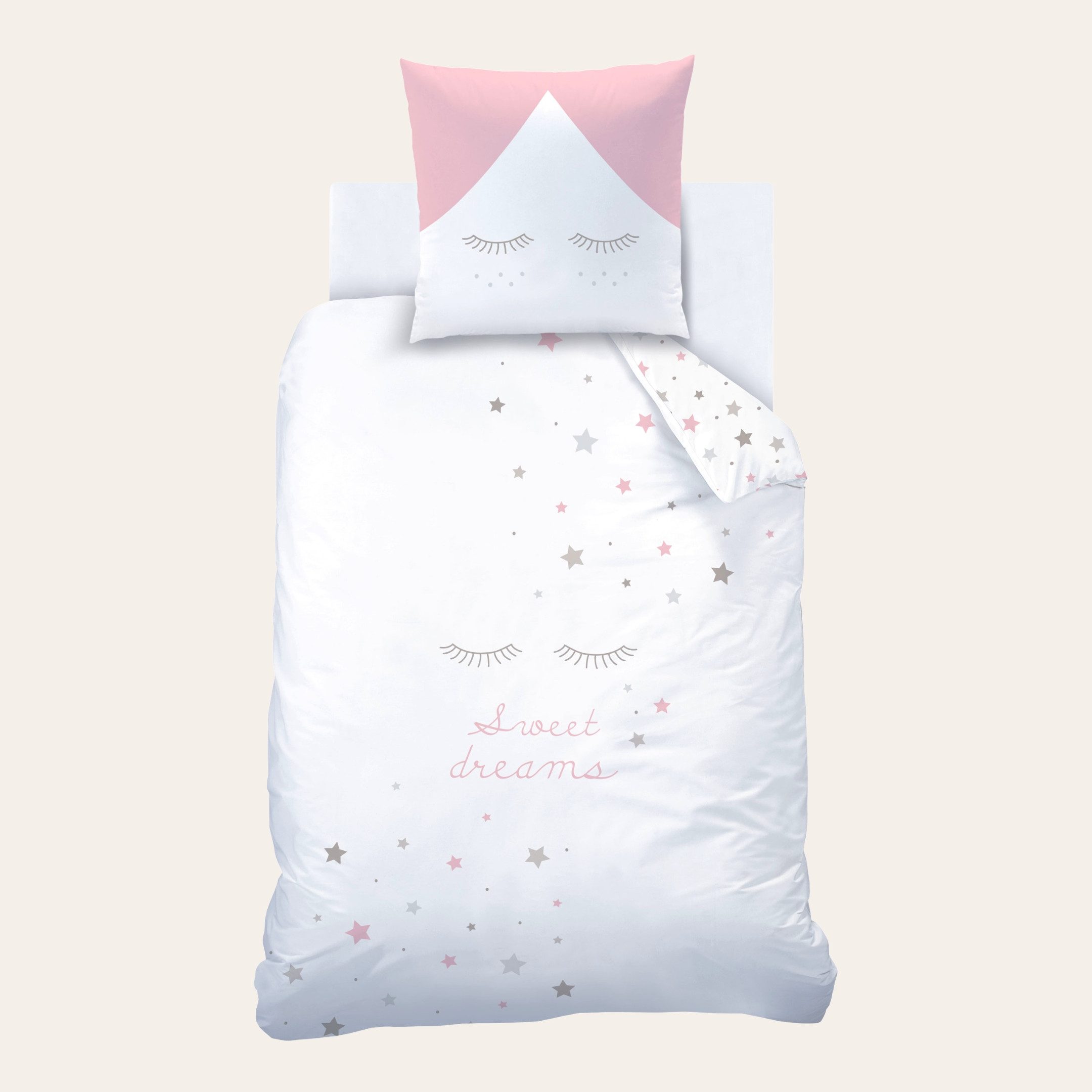 MTOnlinehandel Bettwäsche Sweet Dreams 135x200 + 80x80 cm, 100 % Baumwolle, Renforcé, 2 teilig, Sterne, Wimpern Bettwäsche in rosa & grau für Kinder und Erwachsene