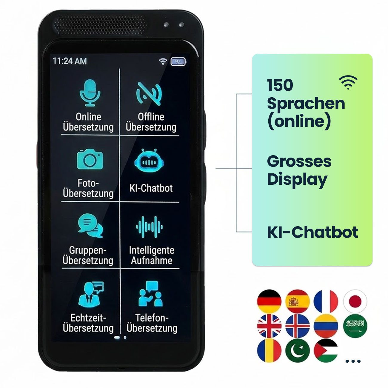 shop'n smile ideoon Sprachcomputer Echtzeit-Sprachübersetzer 150 Sprachen 4,5 Zoll Display KI, Kamera, 21 Offline-Modi, 5MP Kamera, KI-Chatbot & 0,2s Reaktionszeit