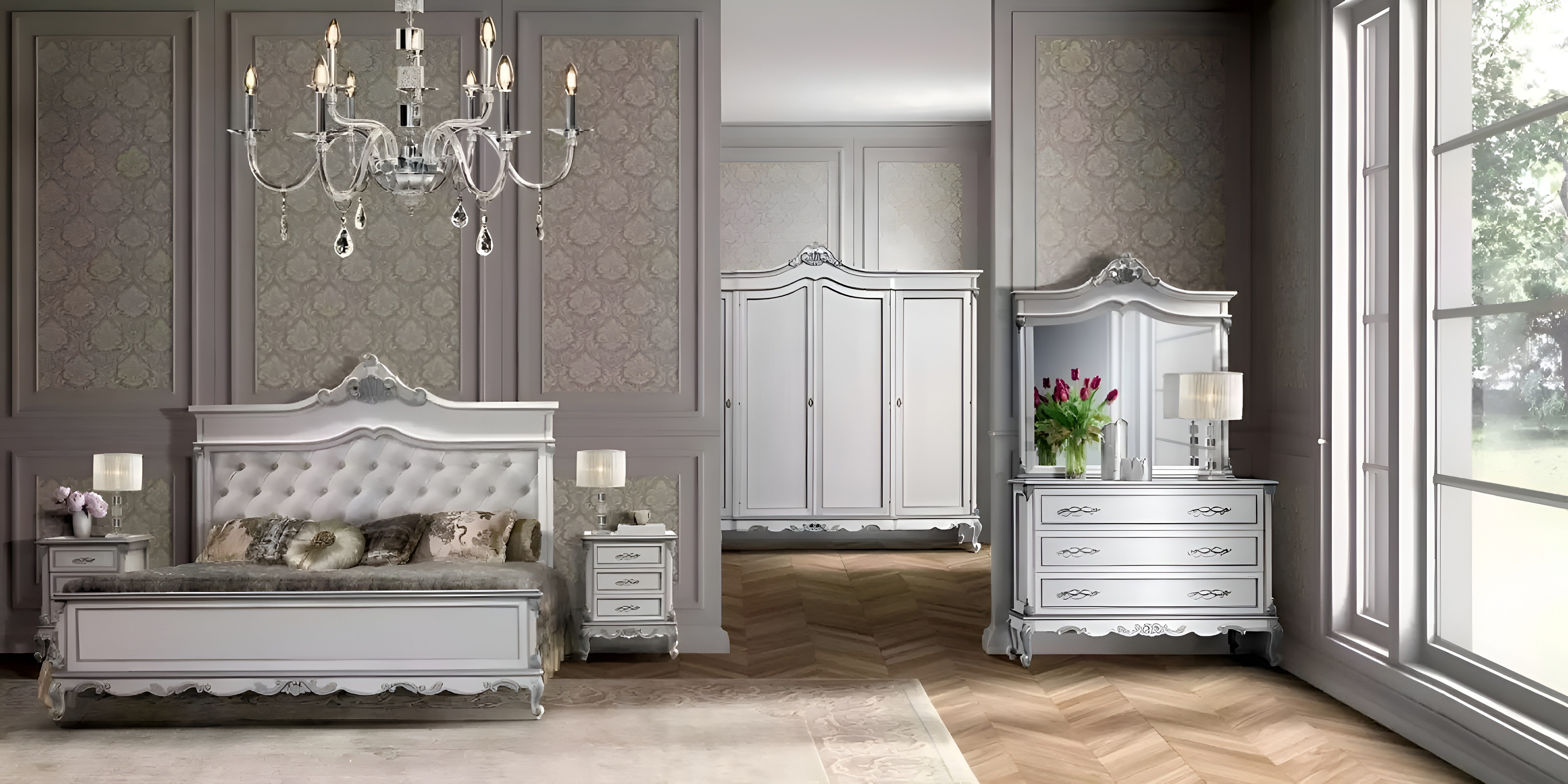 Xlmoebel Komplettschlafzimmer Gemütliches Doppelbett mit zwei Nachttischen und Kleiderschrank, (5-tlg., Set 5 tlg.(Bett + 2x Nachttische + Kommode + Kleideschrank), Hergestellt in Europa
