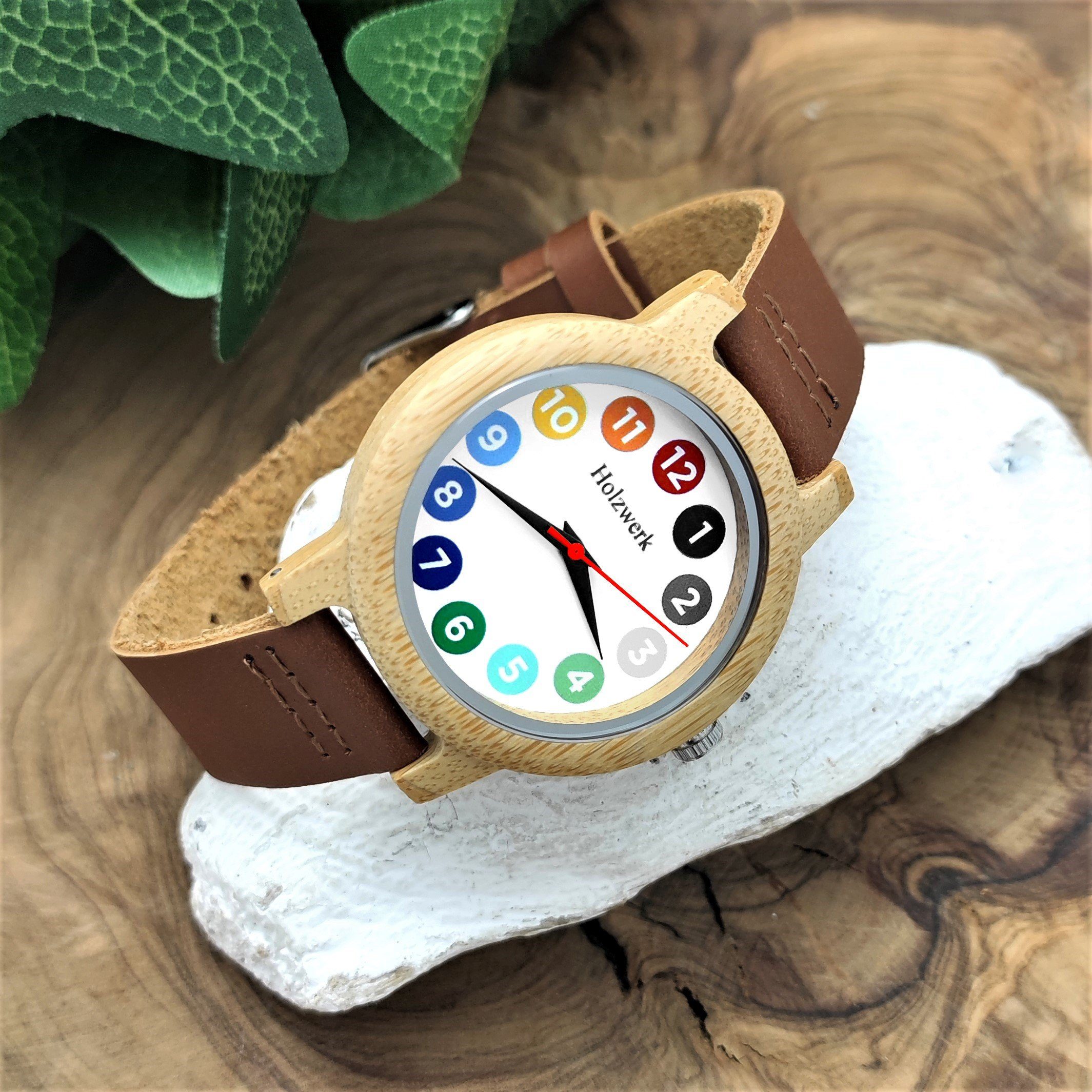 Holzwerk Quarzuhr LIL RAINBOW BROWN bunte kleine Kinder Leder & Holz Armband Uhr, braun