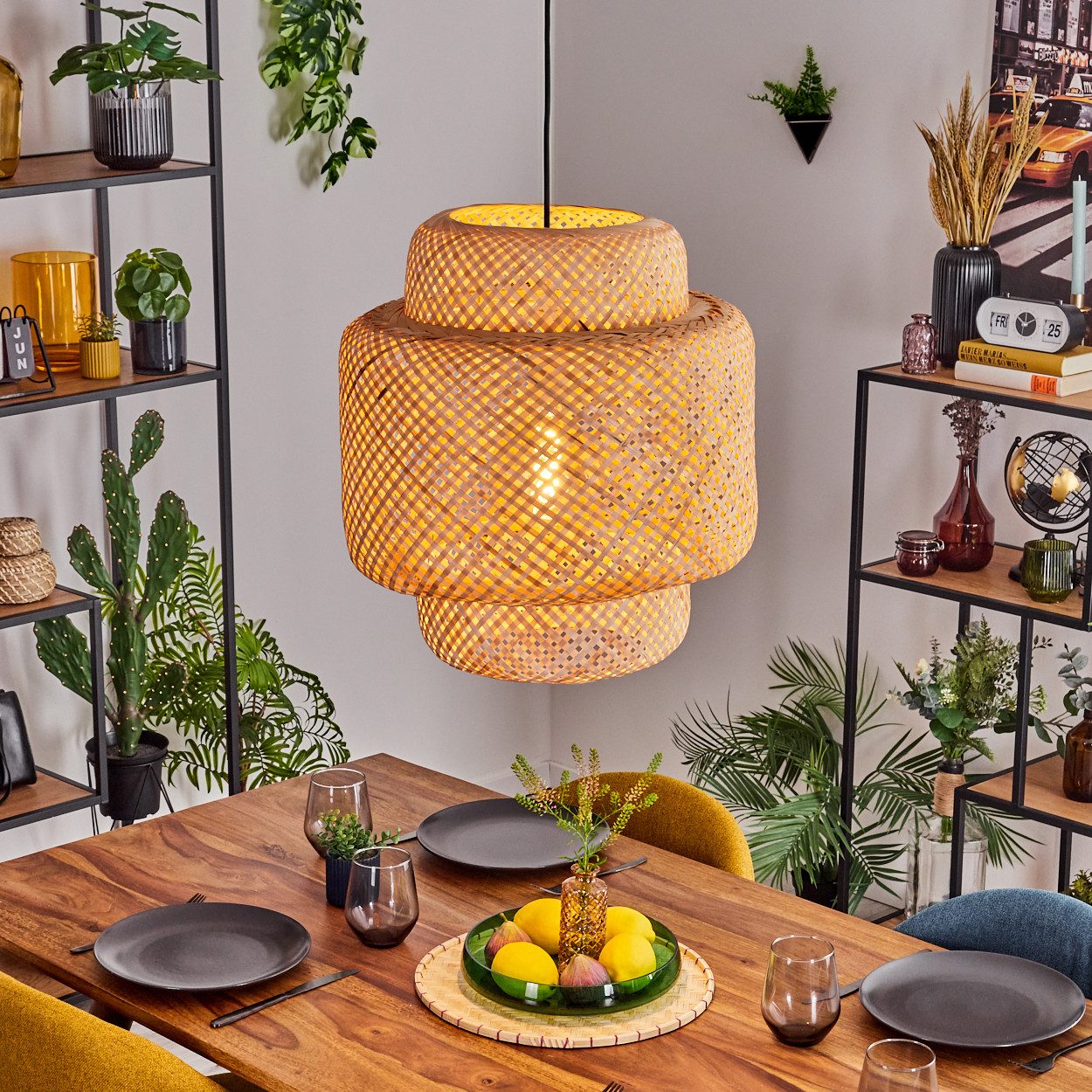hofstein Hängeleuchte Hängelampe aus Metall/Bambus in Schwarz/Natur im Boho-Design, Hängeleuchte mit Schirm in Gitter-Optik (45cm), Höhe max. 146cm, E27