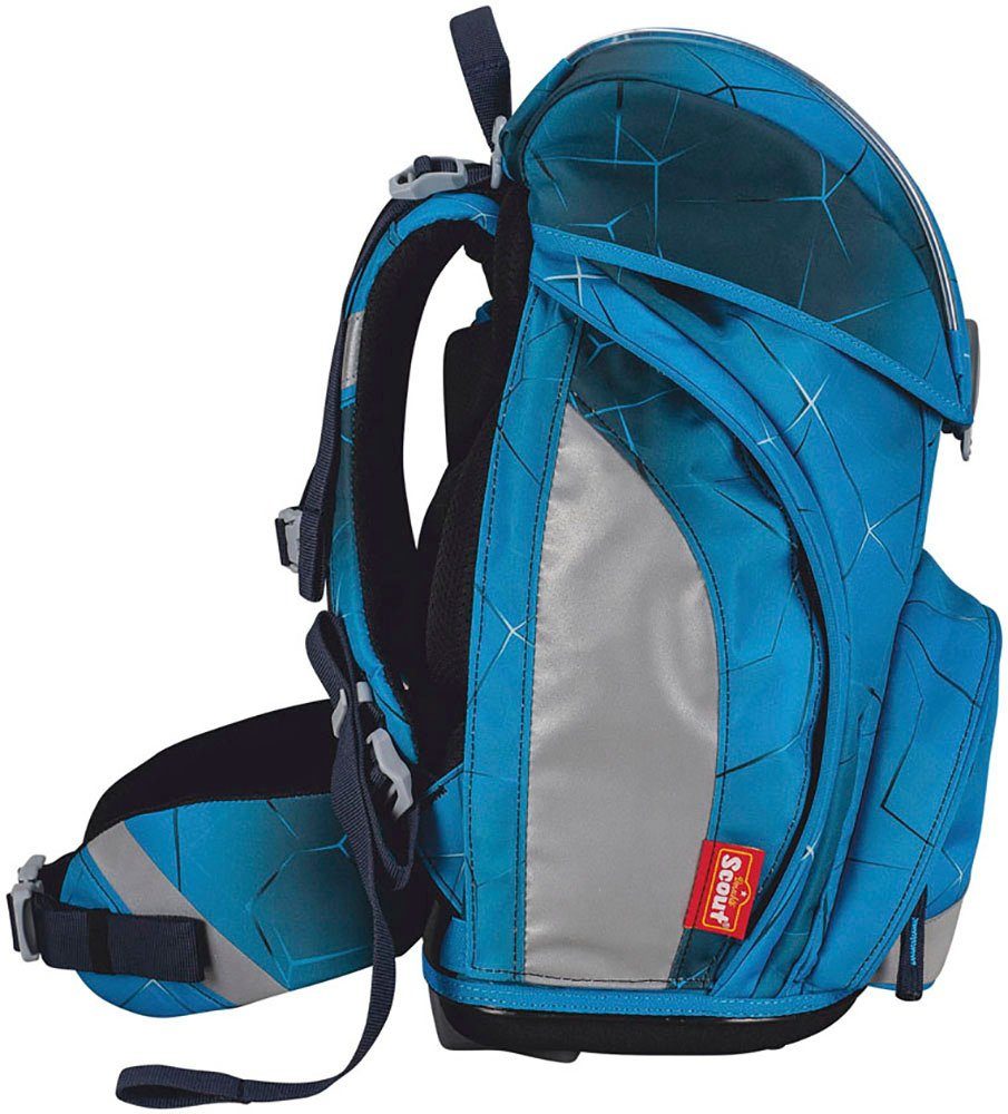 Scout Schulranzen Alpha Safety Light, mit LED-Lichtleiter, Polar Blue (Set, 4-tlg), mit Powerbank; enthält recyceltes Material