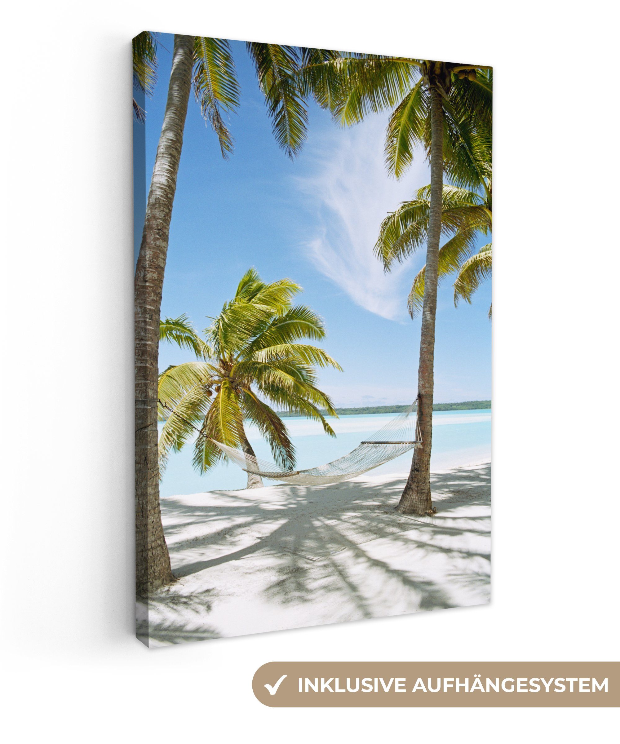 OneMillionCanvasses® Leinwandbild Palme - Hängematte - Sand, (1 St), Leinwandbild fertig bespannt inkl. Zackenaufhänger, Gemälde, 20x30 cm
