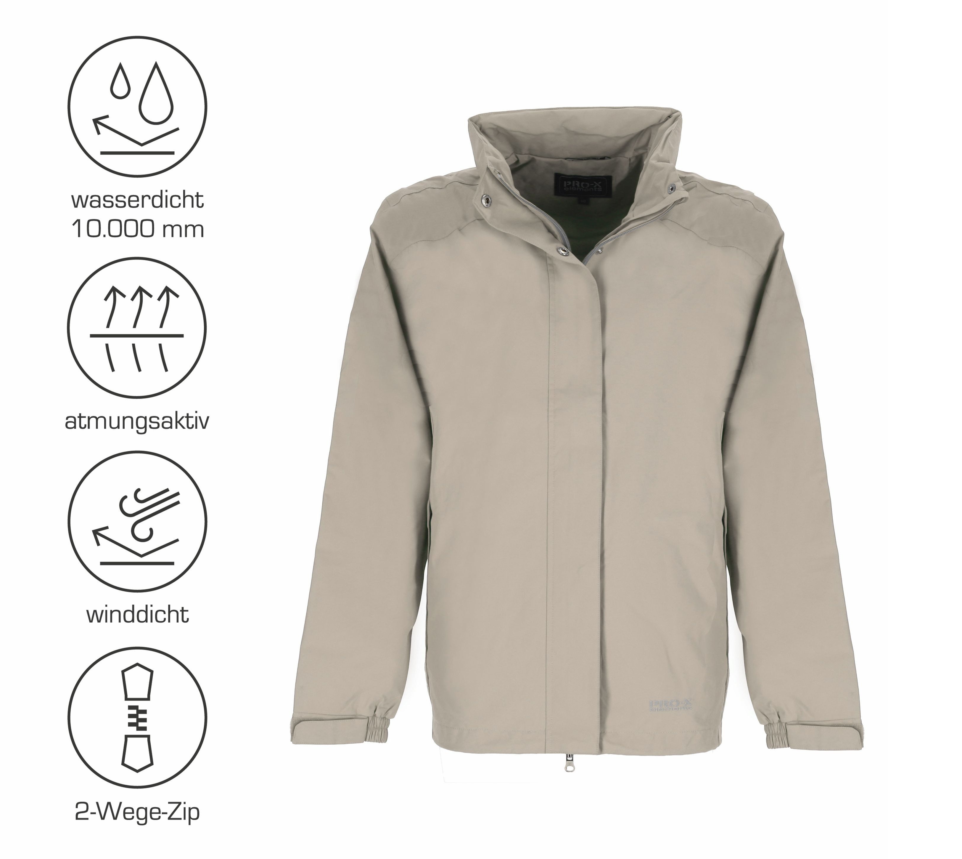 PRO-X ELEMENTS Funktionsjacke CARRIE wasserdicht, atmungsaktiv, im Packsack verstaubar, große Größen Wasserdicht Atmungsaktiv Leicht Im Packsack verstaubar Große Größen
