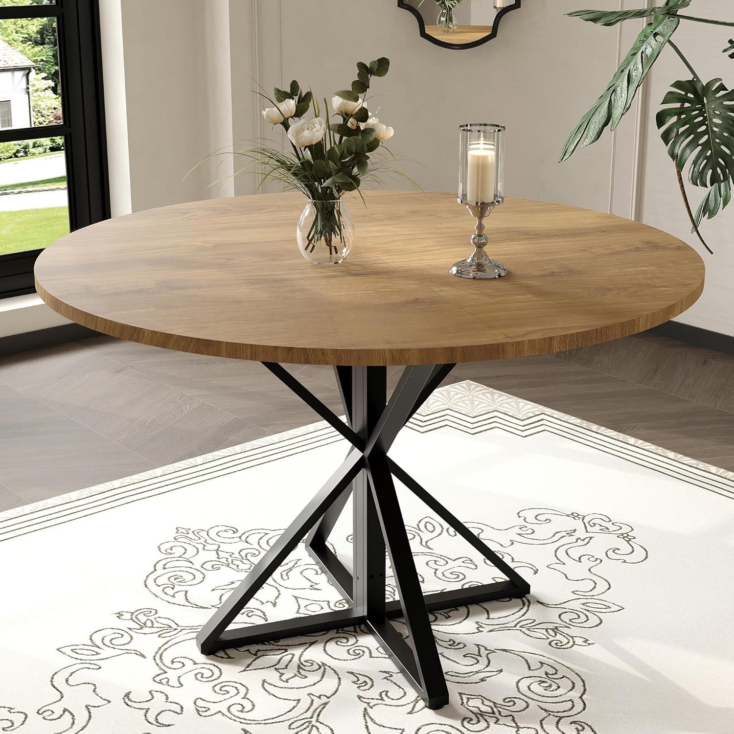 GarveeMore Esstisch runder aus Holz,robuster Metallsockel für 4 Personen, Küchentische mit rundem Sockel für Esszimmer,Küche,Wohnzimmer