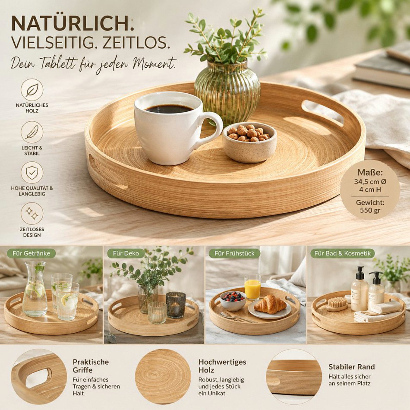 Koopman Tablett Serviertablett Dekotablett Tragetablett 34x4cm Holz, Holz, (Stück, 1-tlg., Packung), hoher Rand, Rund, Tragegriffe, Naturmaterial