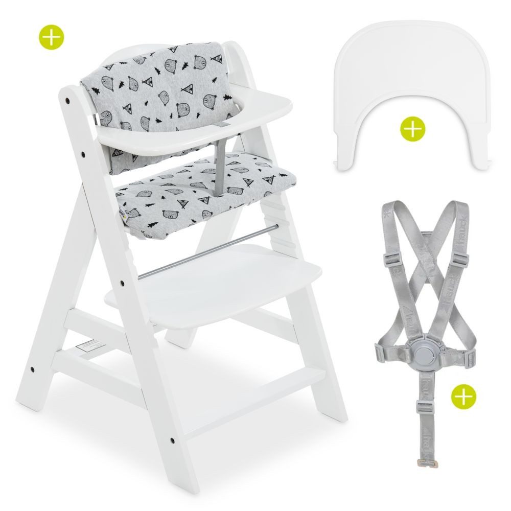 Hauck Hochstuhl Alpha Plus White - Set Nordic Grey, Mitwachsender Holz Kinderhochstuhl mit Tisch Click Tray & Sitzauflage