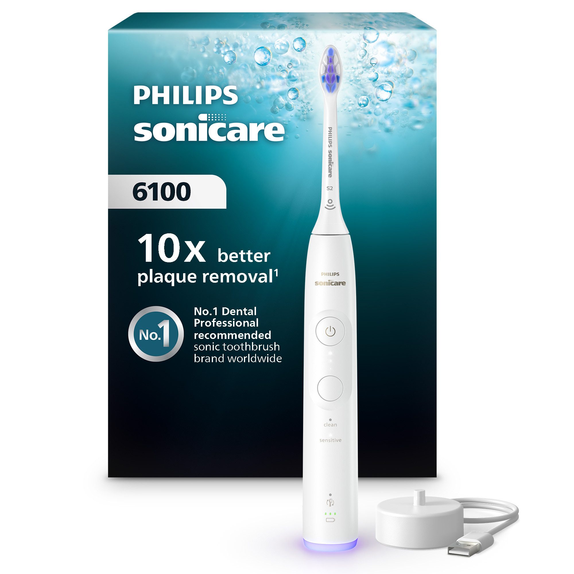 Philips Sonicare Elektrische Zahnbürste Series 6100 HX7400/01, Aufsteckbürsten: 1 St., mit visueller Andruckkontrolle, 5 Putzeinstellungen, inkl. Ladegerät