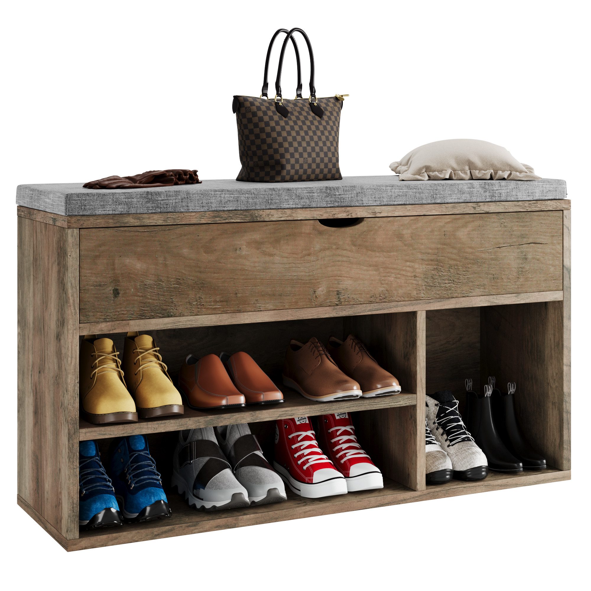 GarveeMore Sitzbank mit Stauraum und Polster,Flurbank mit verstellbarem Regalboden, Schuhregal aus Holz mit verstecktem Stauraum für Flur und Wohnzimmer
