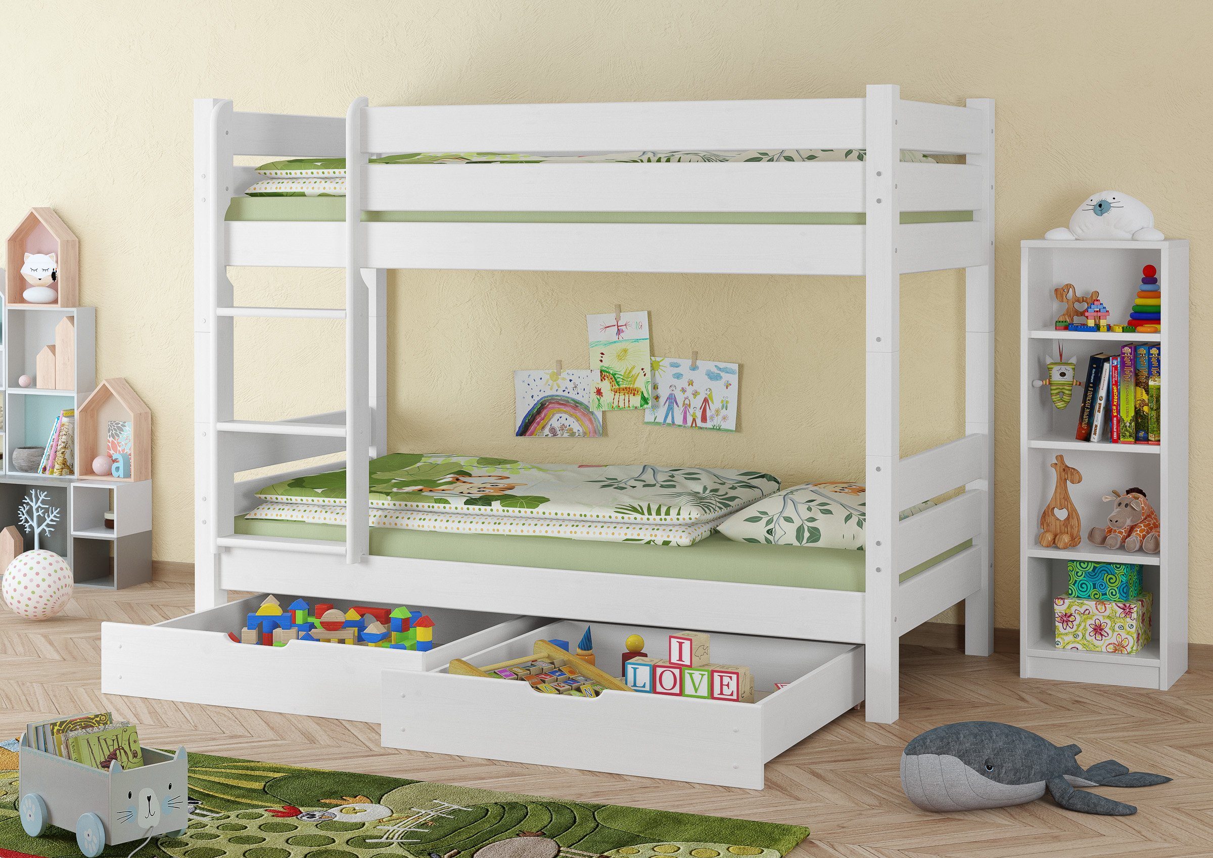 ERST-HOLZ Etagenbett Kinder-Doppelstockbett weiß 90x200 Matratzen Rollroste und Bettkästen | Etagenbetten