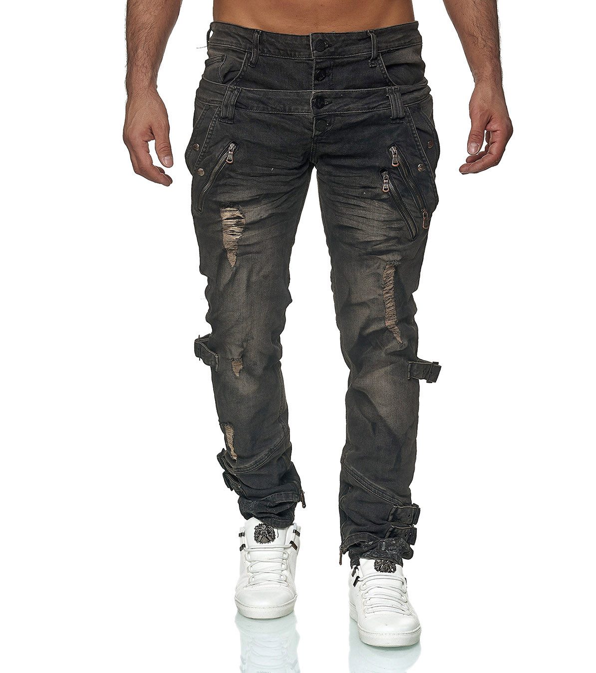 KINGZ Slim-fit-Jeans Herren Designer Jeans mit doppeltem Bund Schwarz 36 günstig online kaufen