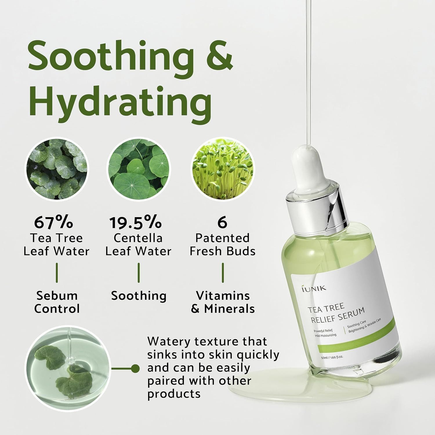 iUnik Gesichtsserum Tea Tree Relief Serum 50 ml – Für klare, ausgeglichene Haut Adenosin, 6 Pflanzenkeimlinge, vegan, alkoholfrei, parfümfrei, 67% Teebaumblattwasser, 19,5% Centella Asiatica, Niacinamid