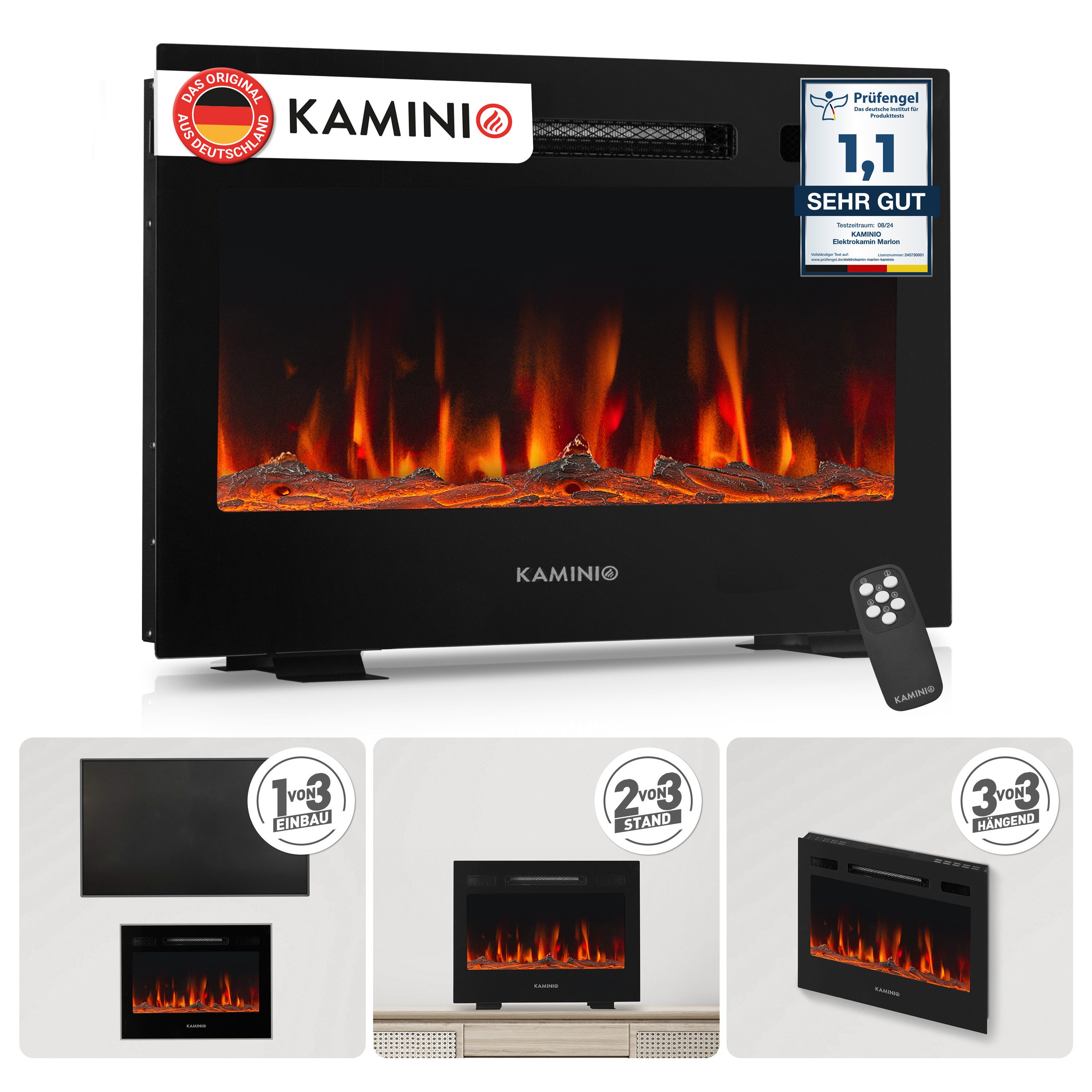 KAMINIO Elektrokamin MARLON, 3in1 Kamin: Elektrischer Stand-, Wand- und Einbaukamin, Heizung 1800W