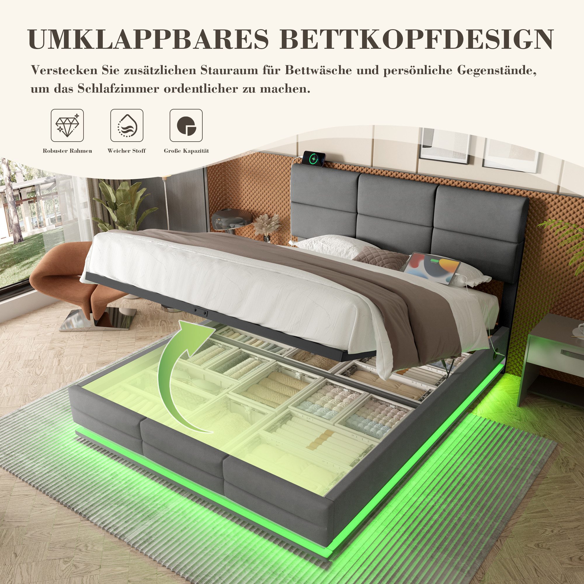 Celya Polsterbett mit höhenverstellbarem Kopfteil und LED-Ambientebeleuchtung (ohne Matratze, Inkl. USB und Type-C-Anschlüsse), mit hydraulischem Lift-System un – Bild 3 von 5