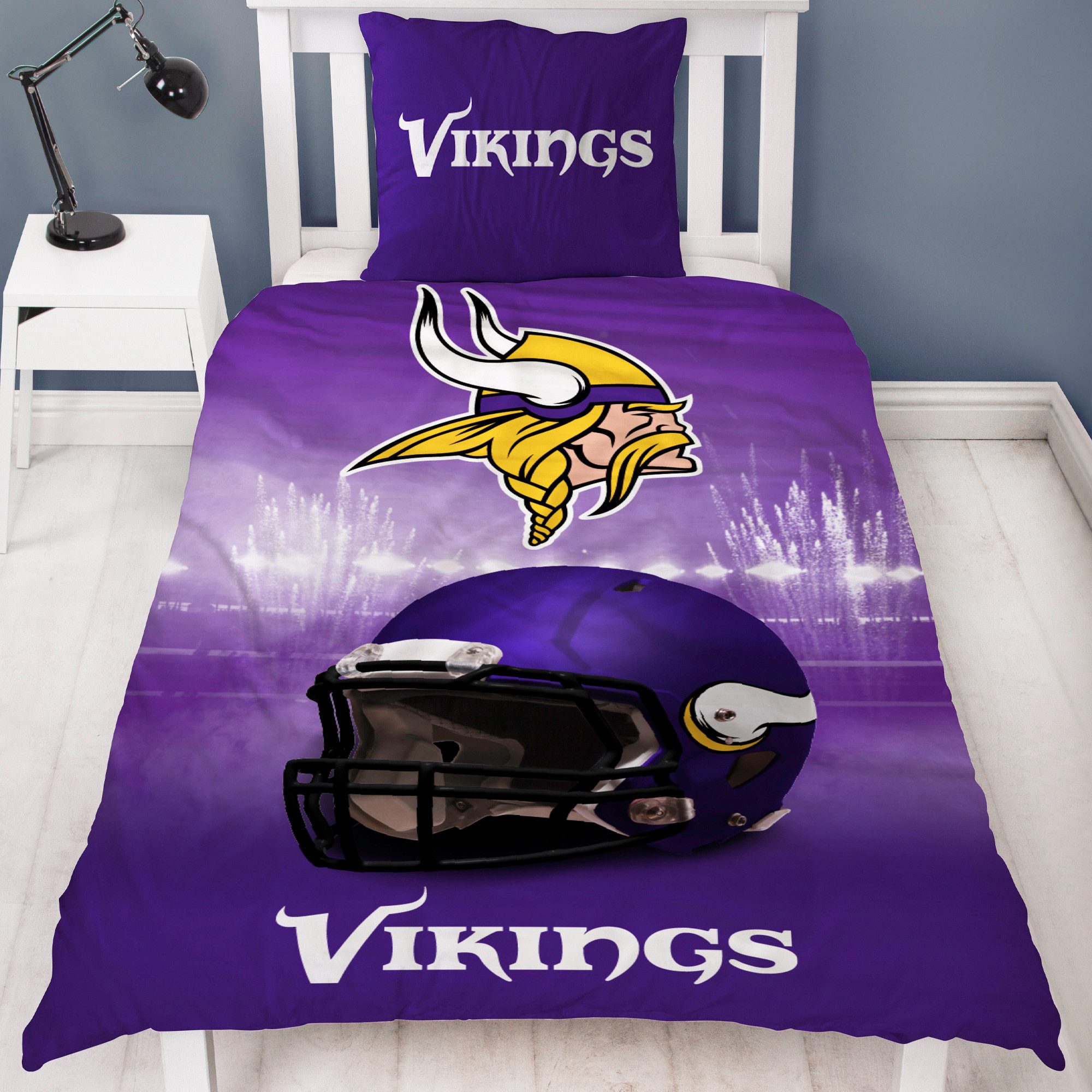 BERONAGE Wendebettwäsche NFL American Football Bettwäsche Minnesota Vikings Linon / Renforcé, 100% Baumwolle, 2 teilig, 135x200 + 80x80 cm
