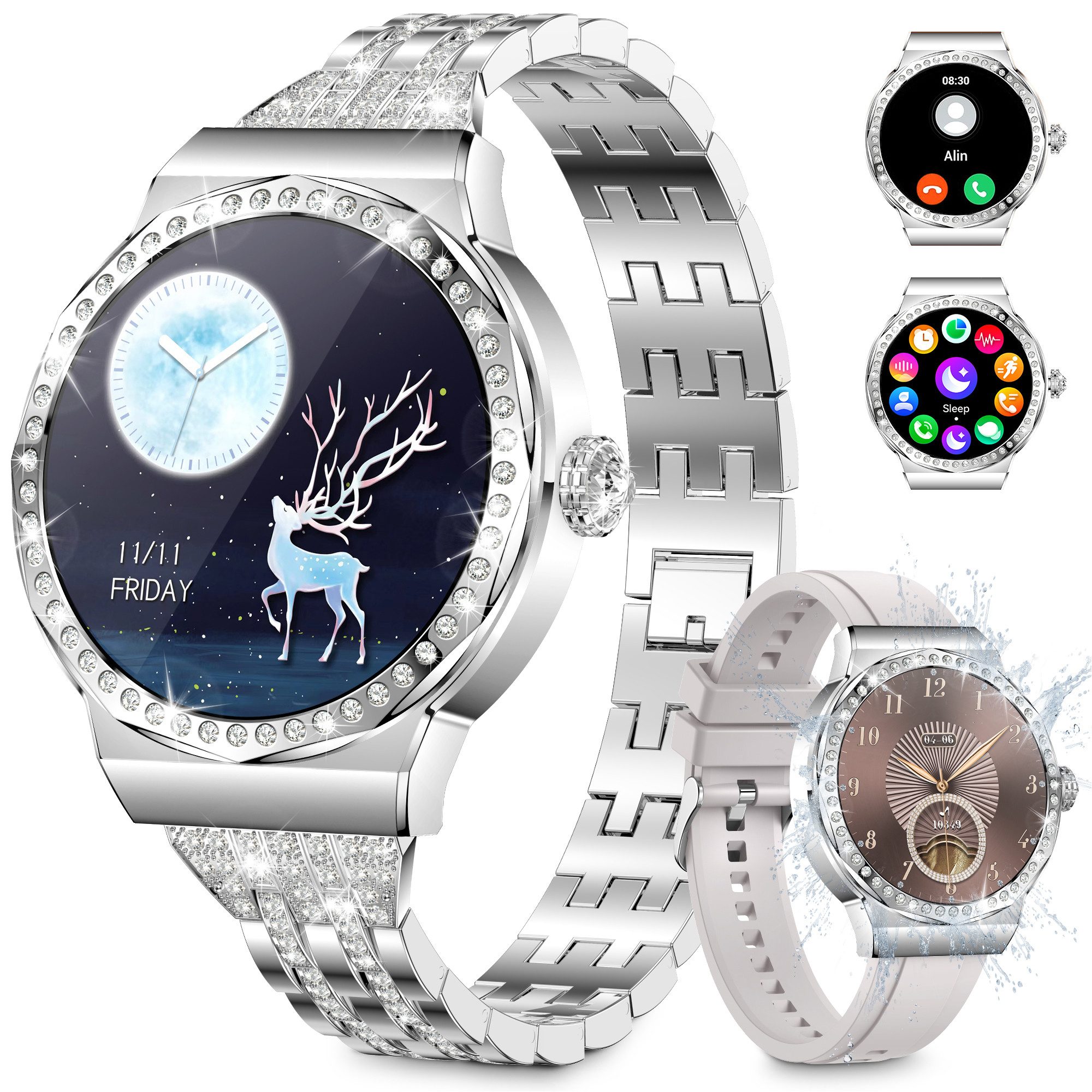 walkbee Smartwatch, Fitness Tracker Uhr für Damen mit Anruffunktion Smartwatch (3.3 cm/1,3" HD Full FarbbildschirmTouch Zoll) Diamant Damen Stahl Smartwatch,2 Austauschbare Armbänder, IP68 Wasserdicht Fitness Tracker Smart Watch, Frauengesundheit,Blutsauerstoff,Herzfrequenz,Blutdruckmessung usw