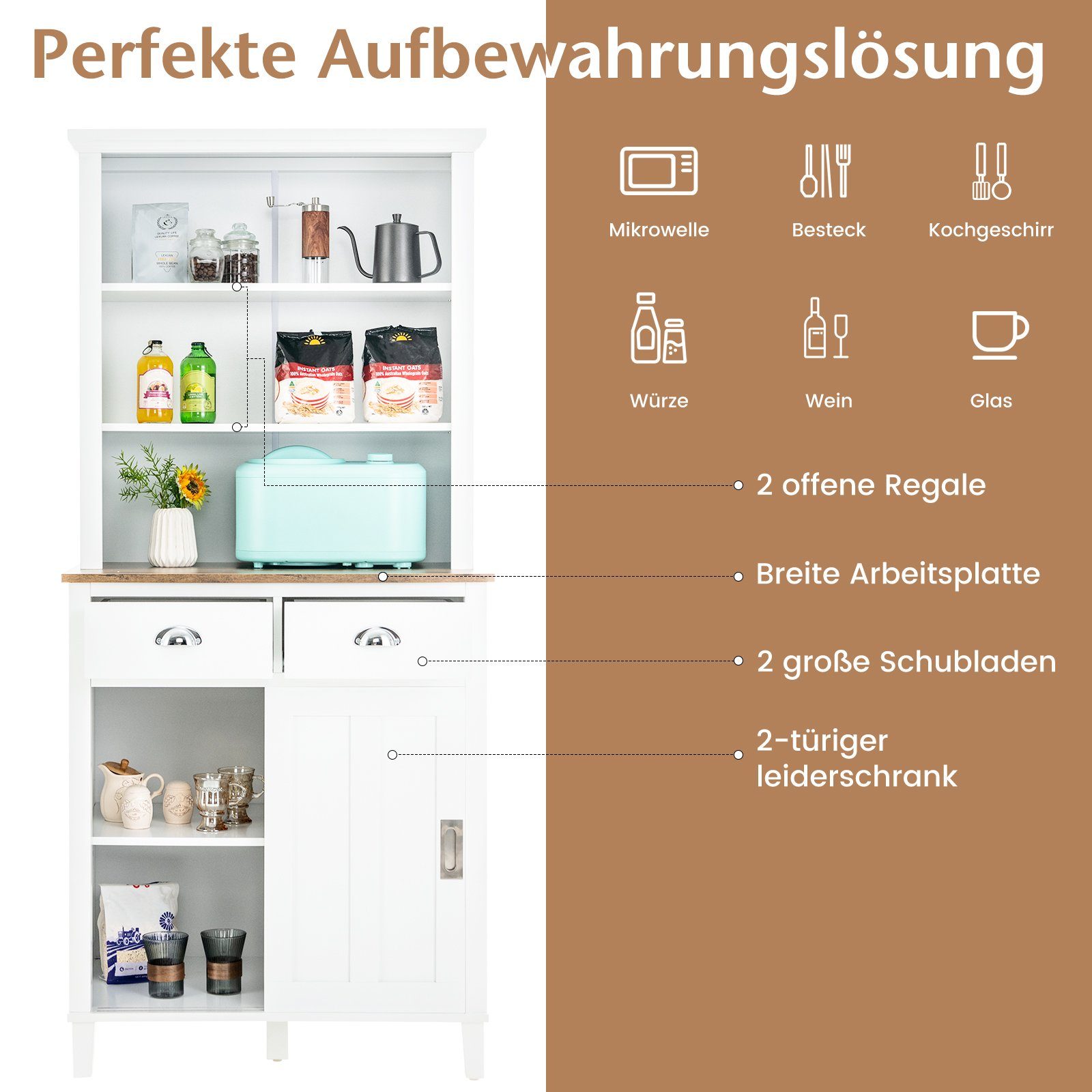 Hzuaneri Küchenschrank 40x140x80cm - Sideboard Landhausstil Vintagebraun-Weiß