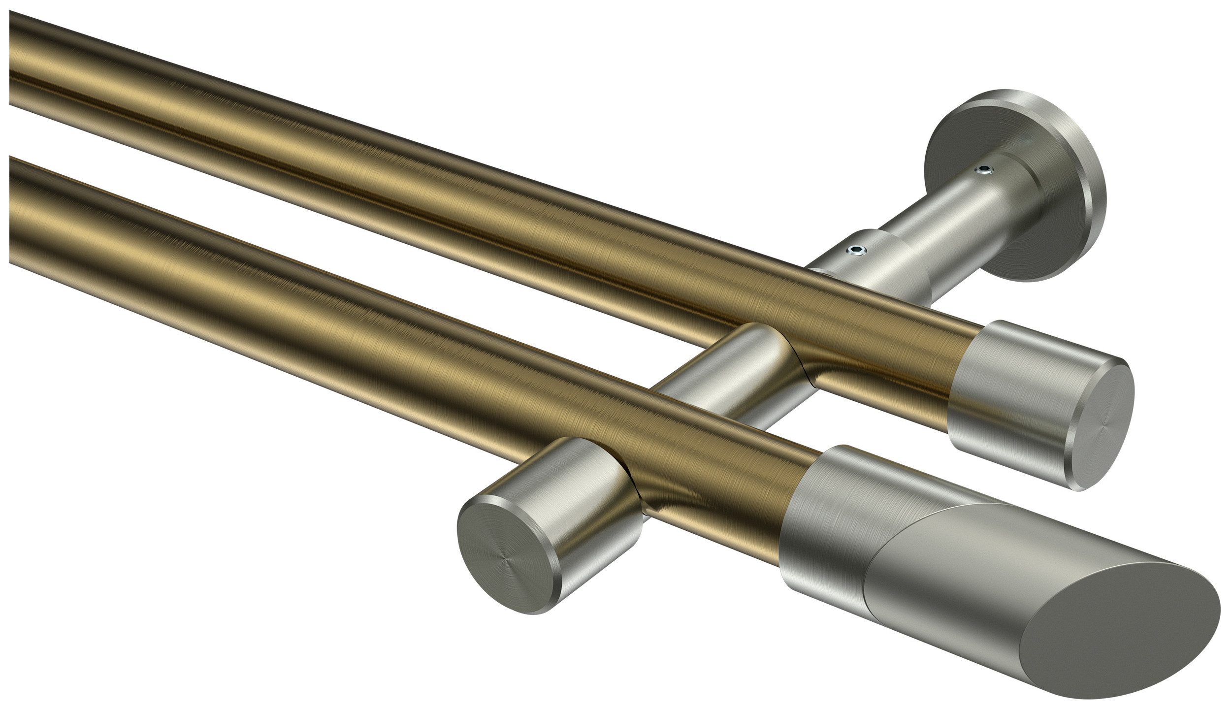 INTERDECO Gardinenstange Prestige Verano, Ø 20 mm, 2-läufig, Fixmaß, kürzbar, Wandmontage, Metall, Messing Antik / Edelstahl-Optik / Bicolor